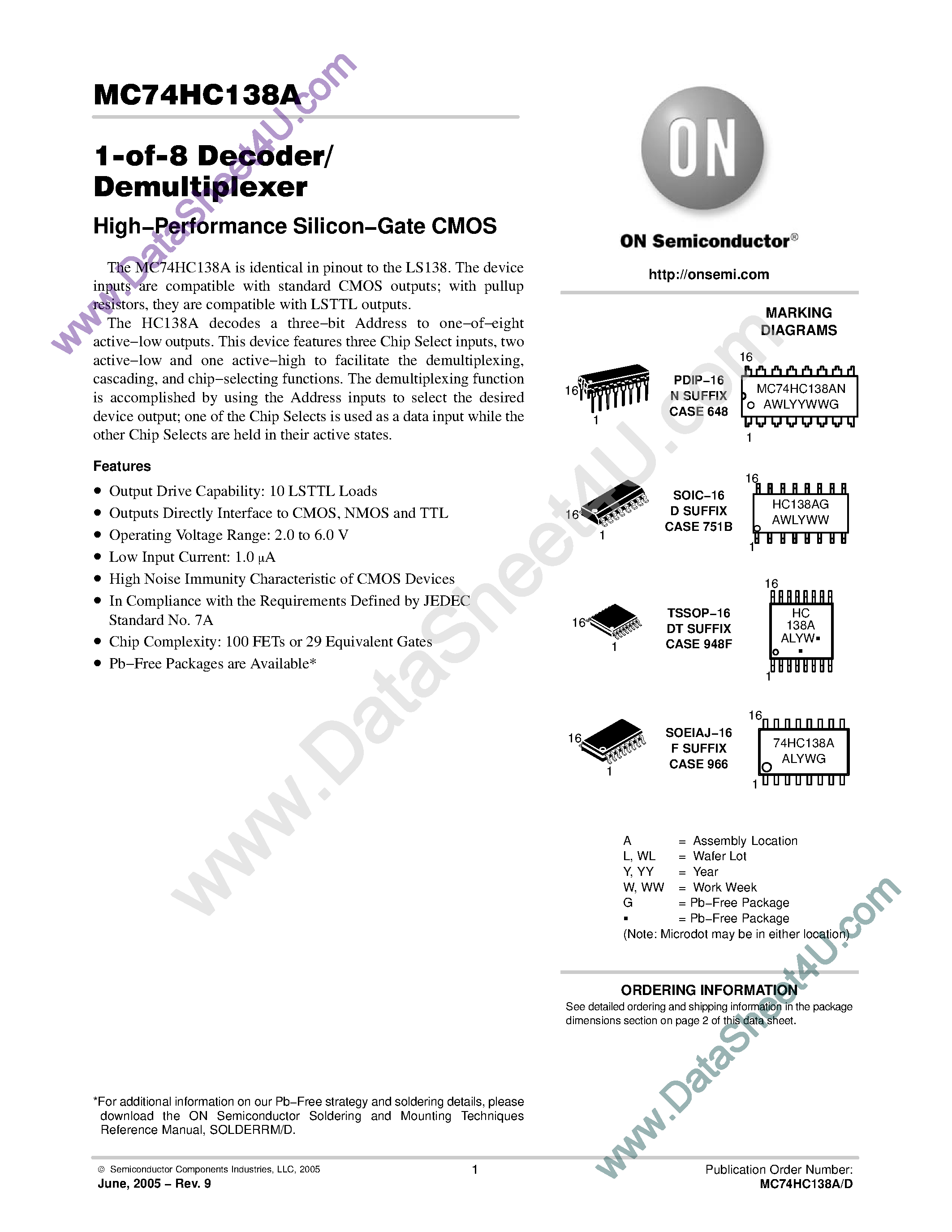 Даташит MC74HC138A - 1-of-8 Decoder / Demultiplexer страница 1