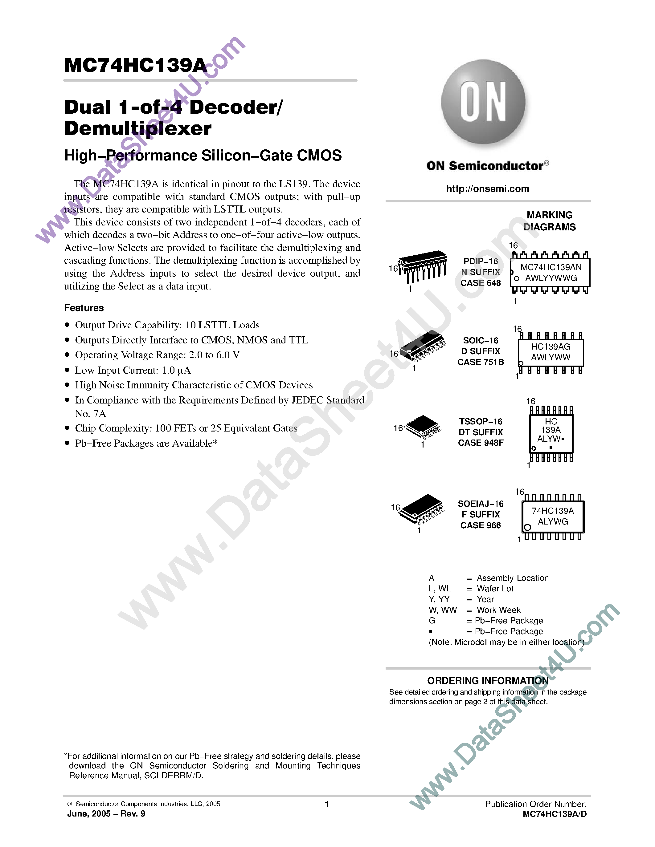 Datasheet MC74HC139A - Dual 1-of-4 Decoder / Demultiplexer page 1