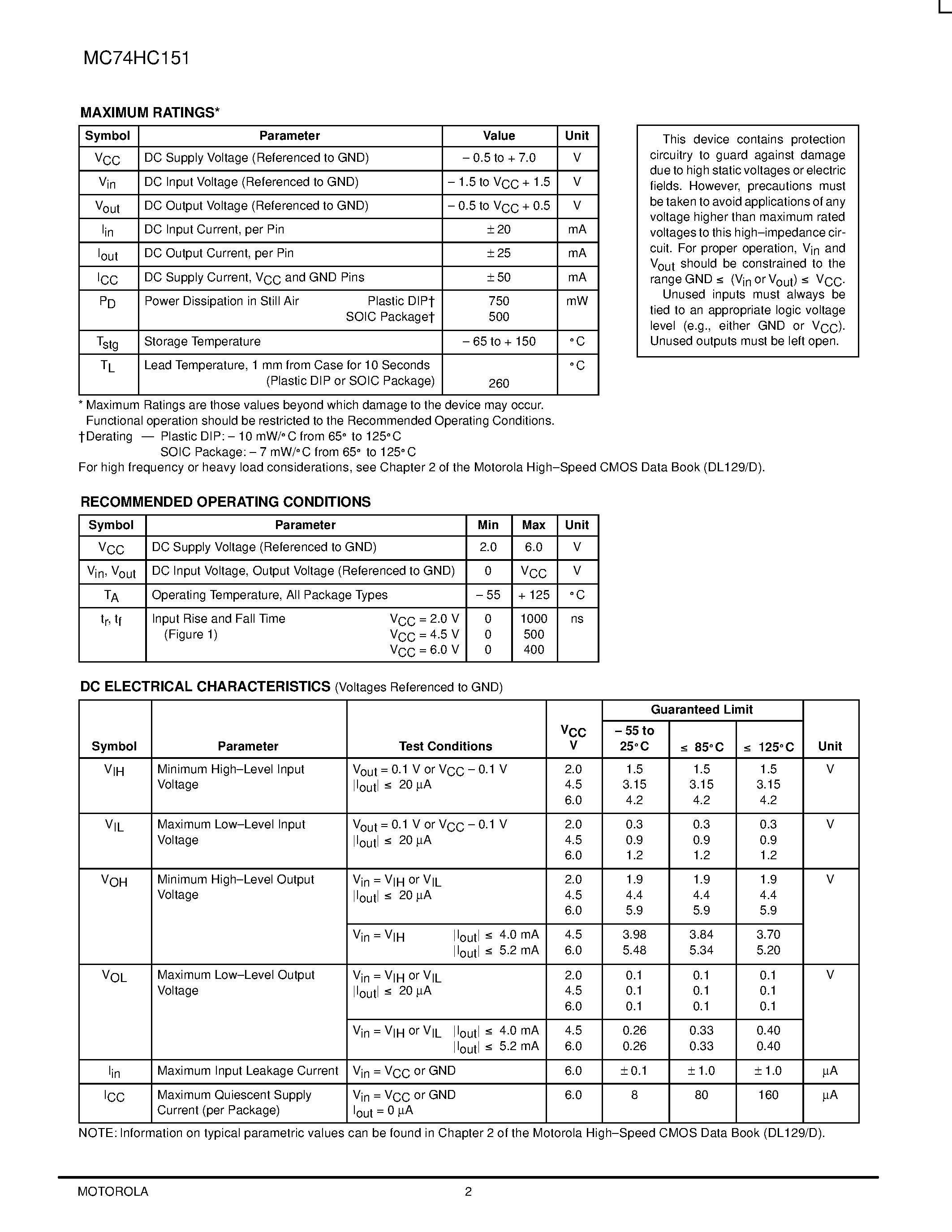 Даташит MC74HC151 - 8-Input Data Selector / Multiplexer страница 2
