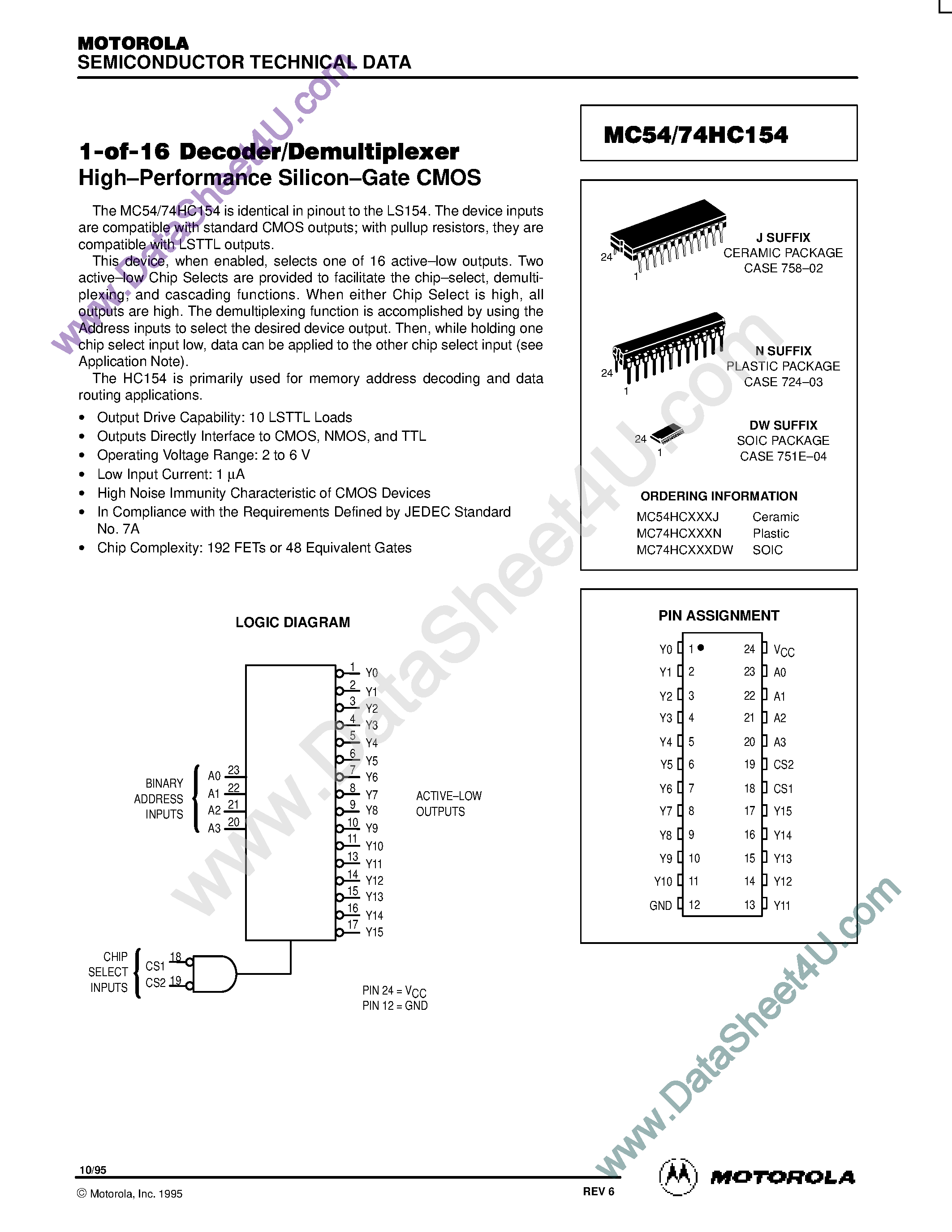 Даташит MC74HC154 - 1-of-16 Decoder / Demultiplexer страница 1