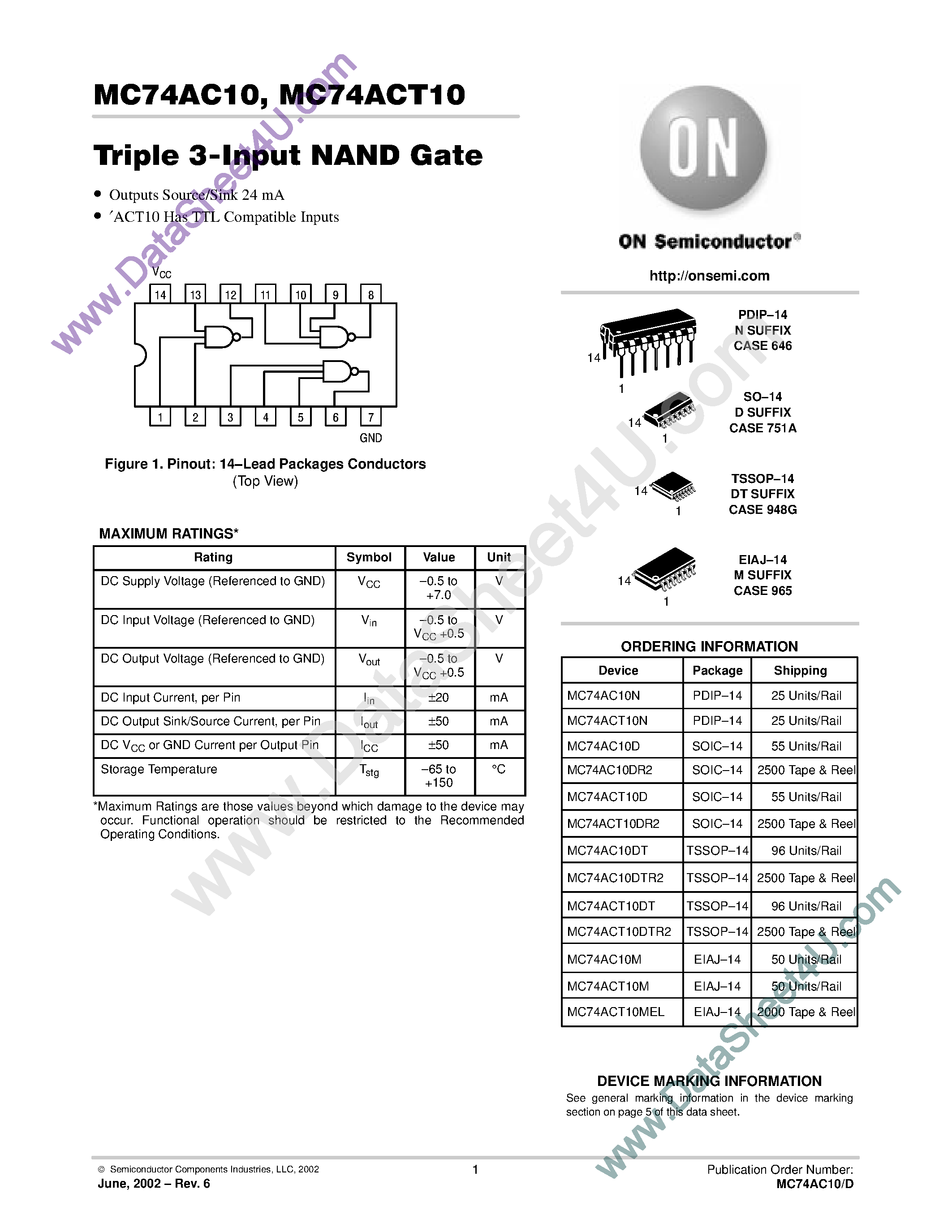 Datasheet MC74AC10 - Triple 3-Input NAND Gate page 1
