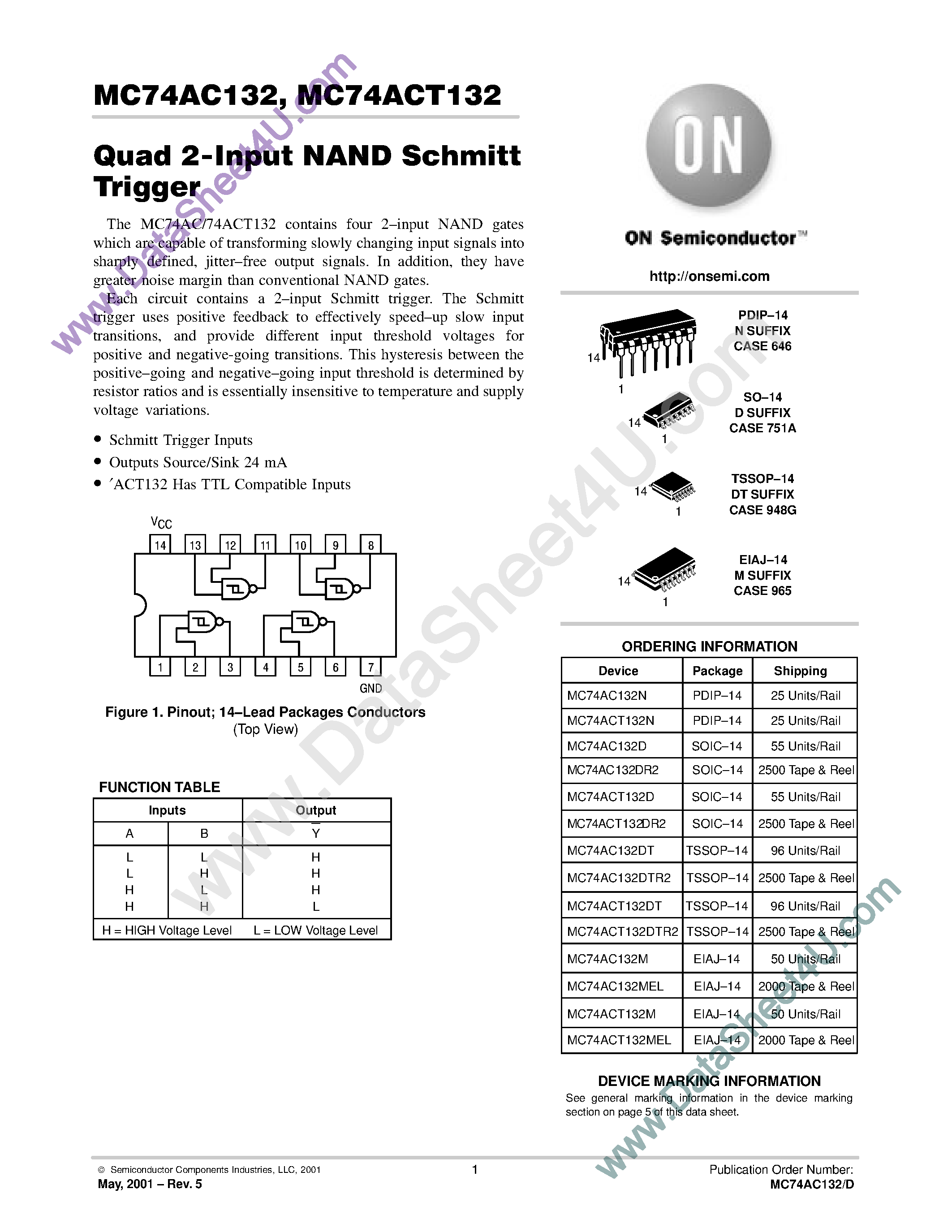 Datasheet MC74AC132 - Quad 2-Input NAND Schmitt Trigger page 1