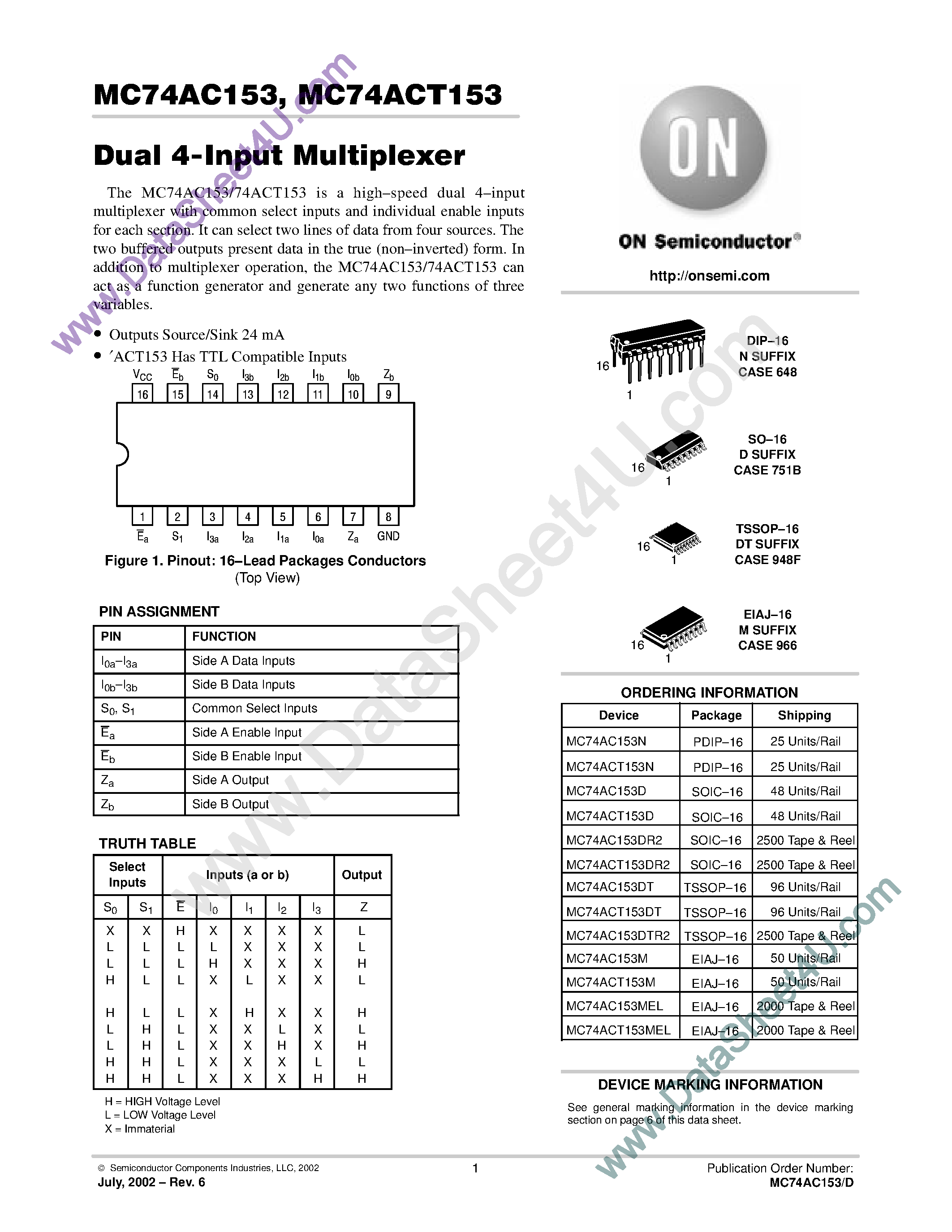 Datasheet MC74AC153 - Dual 4-Input Multiplexer page 1