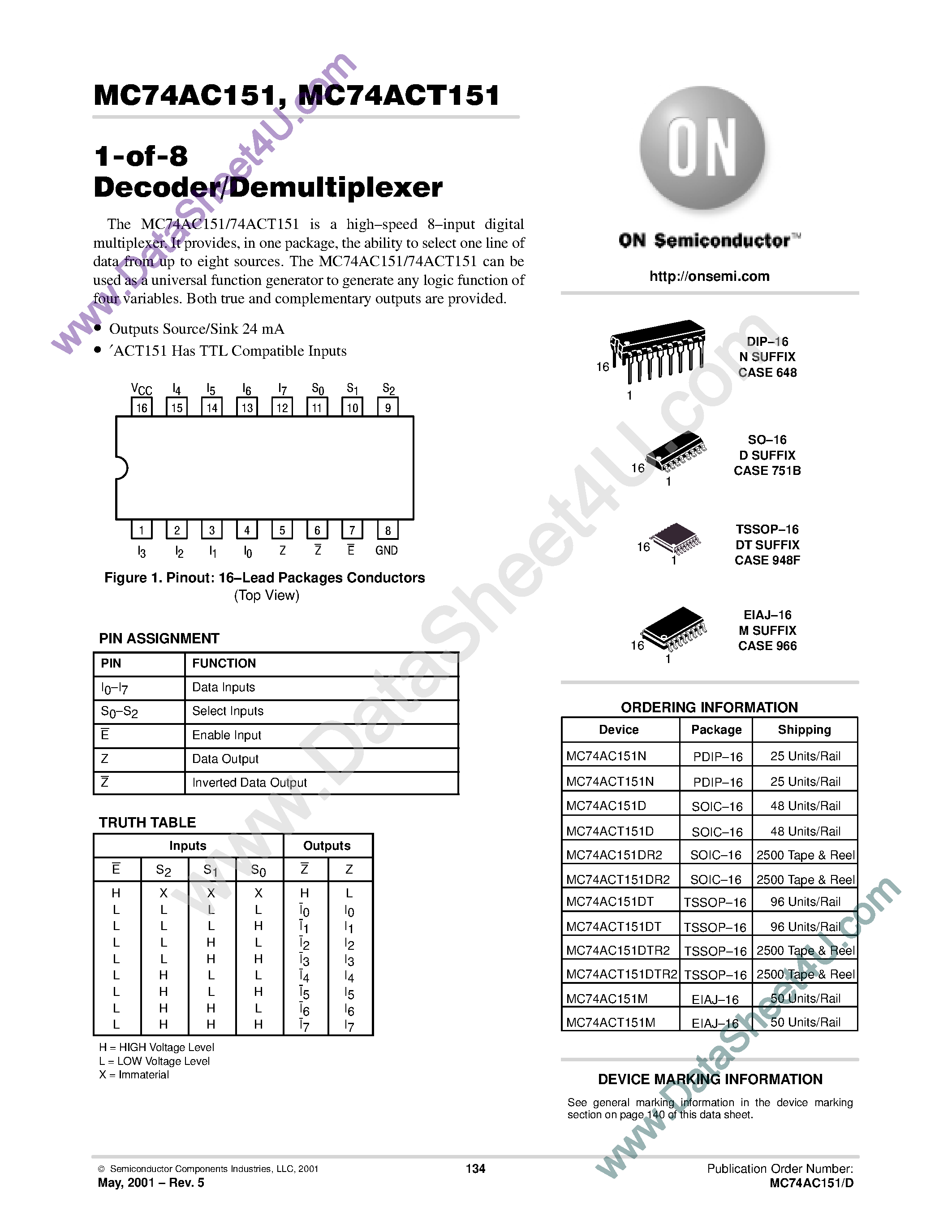 Datasheet MC74AC151 - 1-of-8 Decoder / Demultiplexer page 1