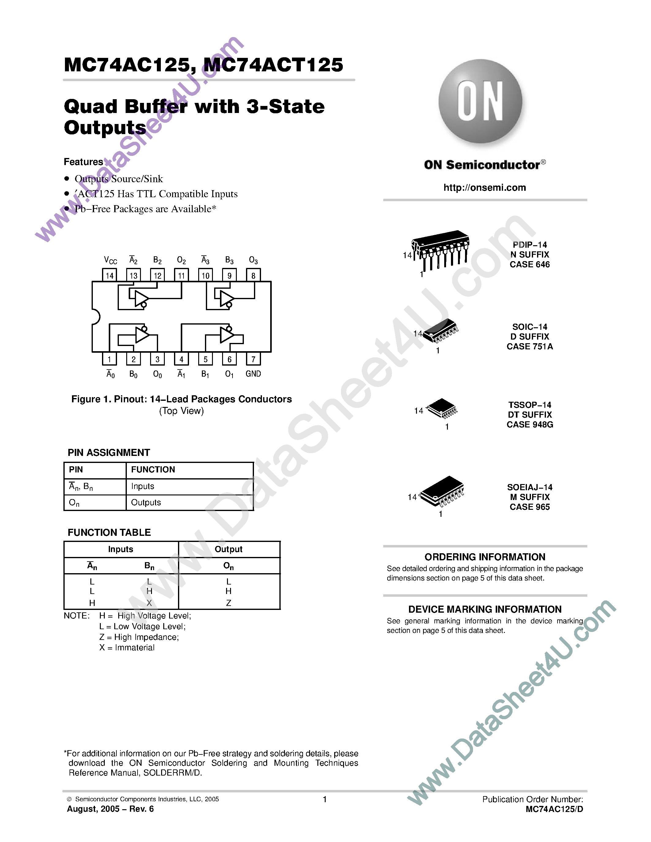 Даташит на микросхему MC74AC125 страница 1 Даташит MC74AC125 - Quad Buffer страница 1