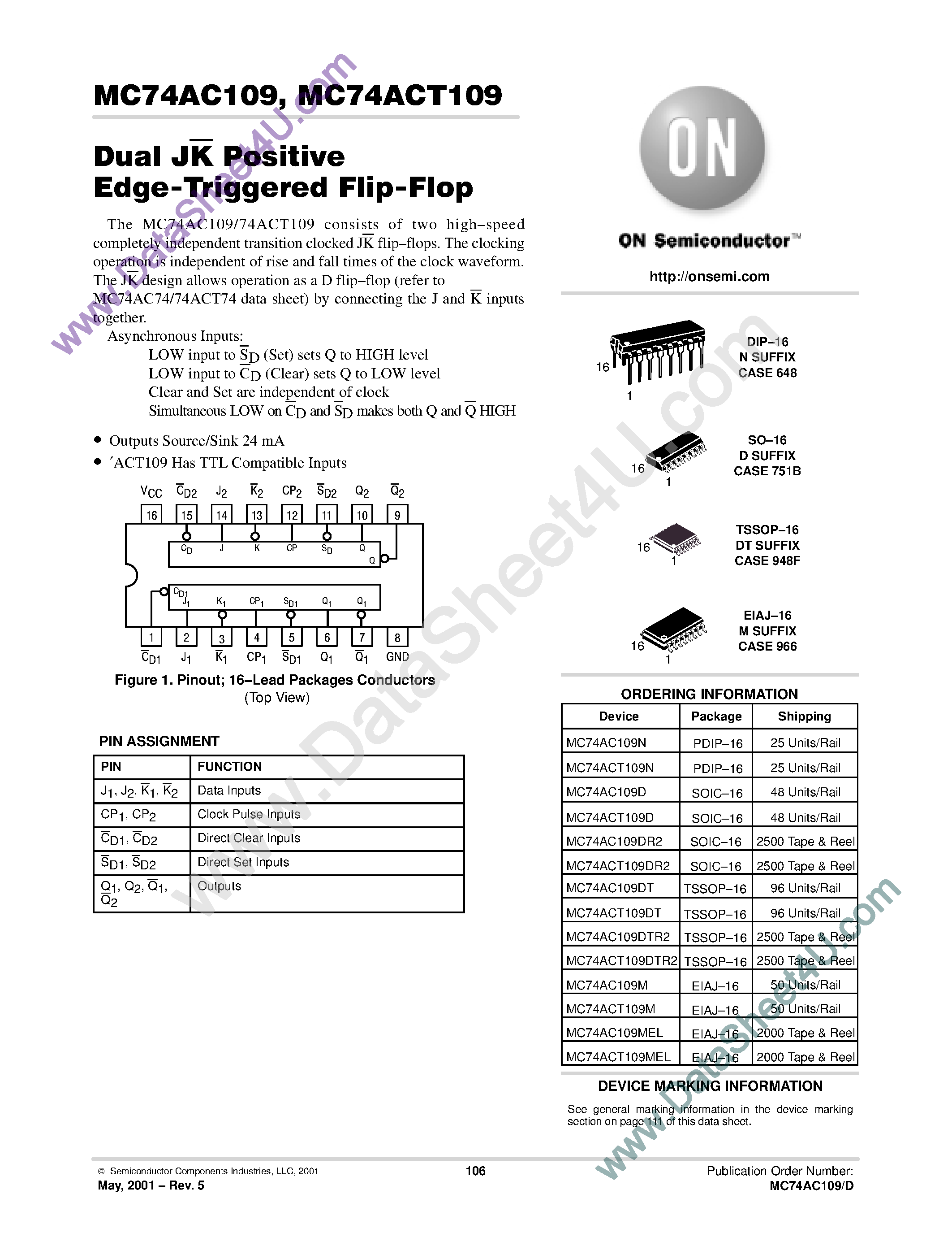 Datasheet MC74AC109 - Dual JK Positive Edge Triggered Flip-Flop page 1