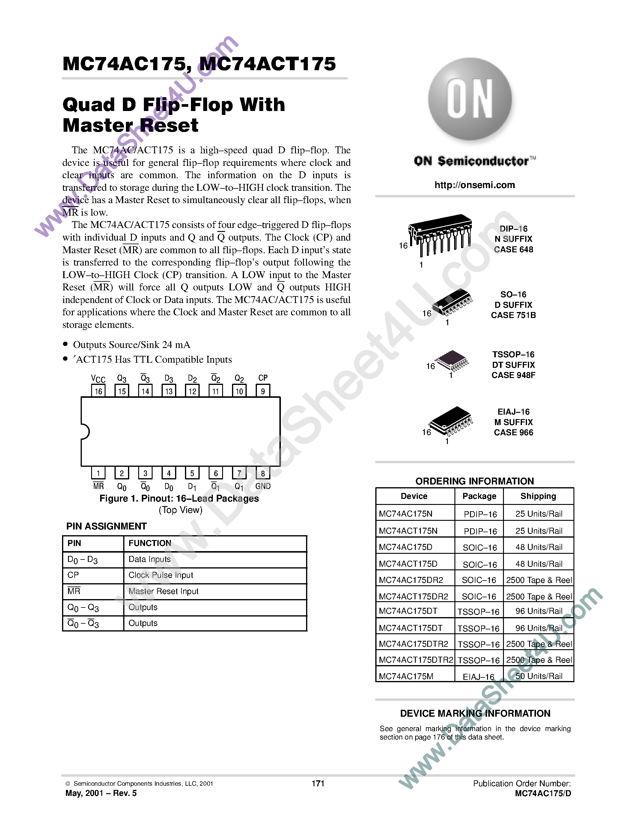 Datasheet MC74AC175 page 1 Datasheet MC74AC175 - Quad D Flip-Flop page 1