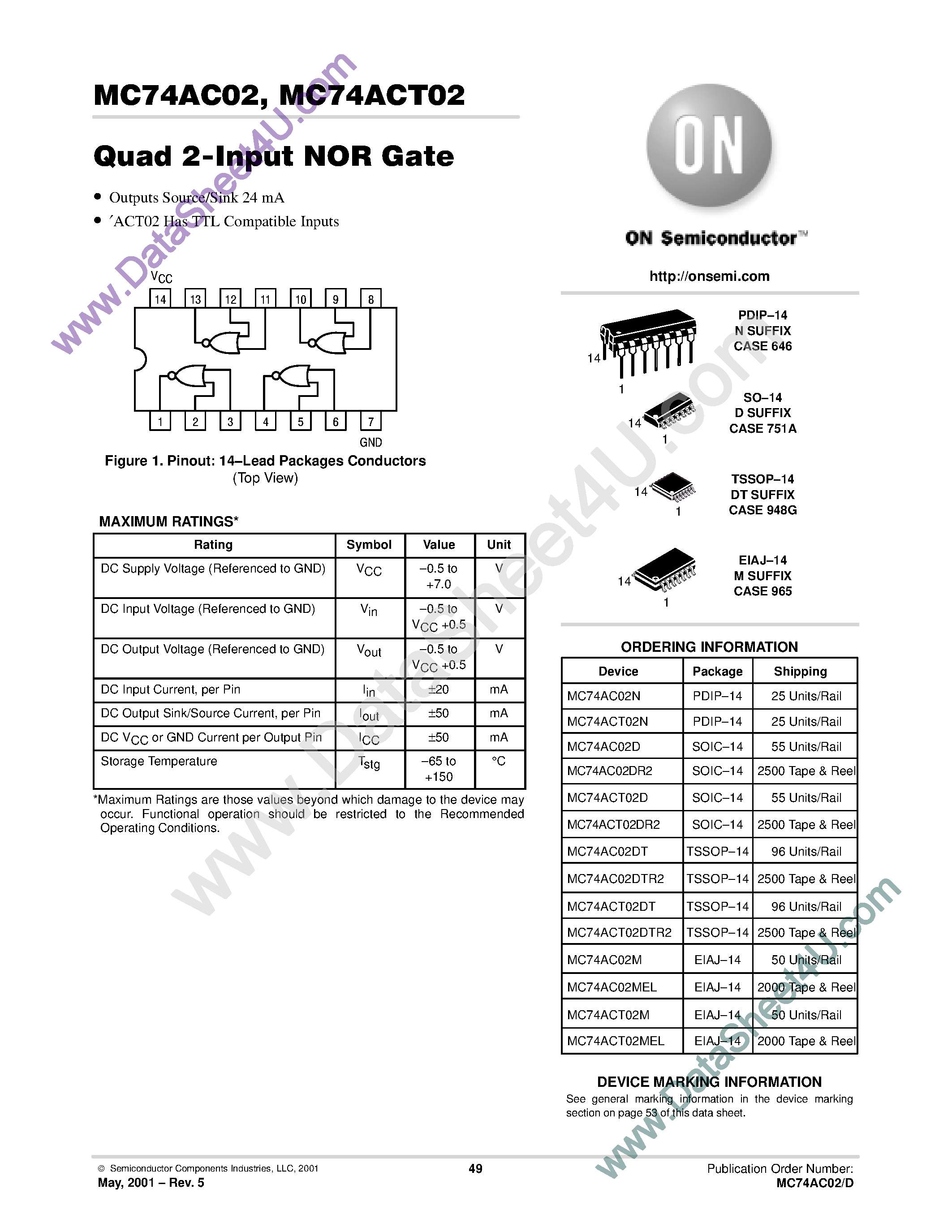 Datasheet MC74AC02 page 1 Datasheet MC74AC02 - Quad 2-Input NOR Gate page 1