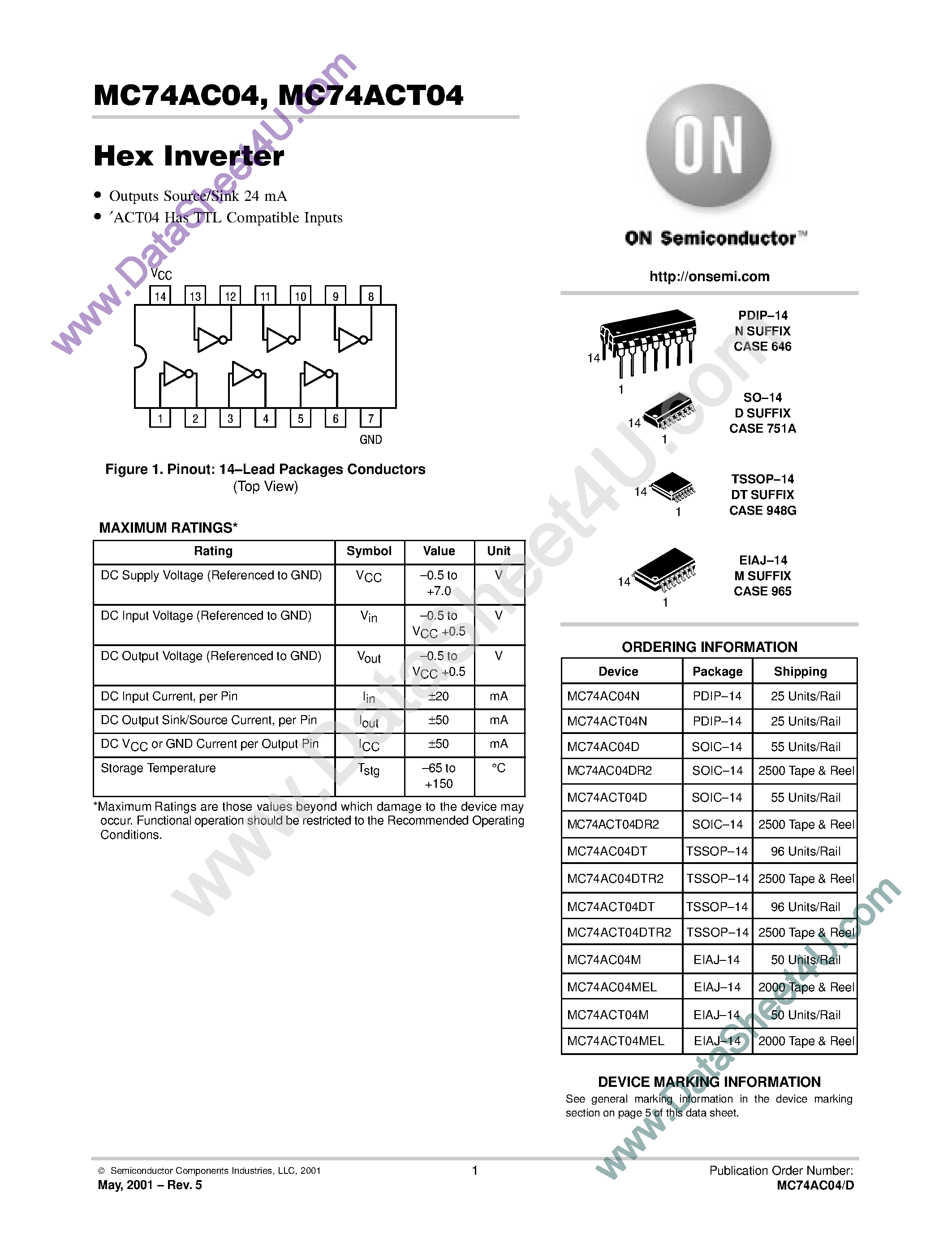 Datasheet MC74AC04 - Hex Inverter page 1