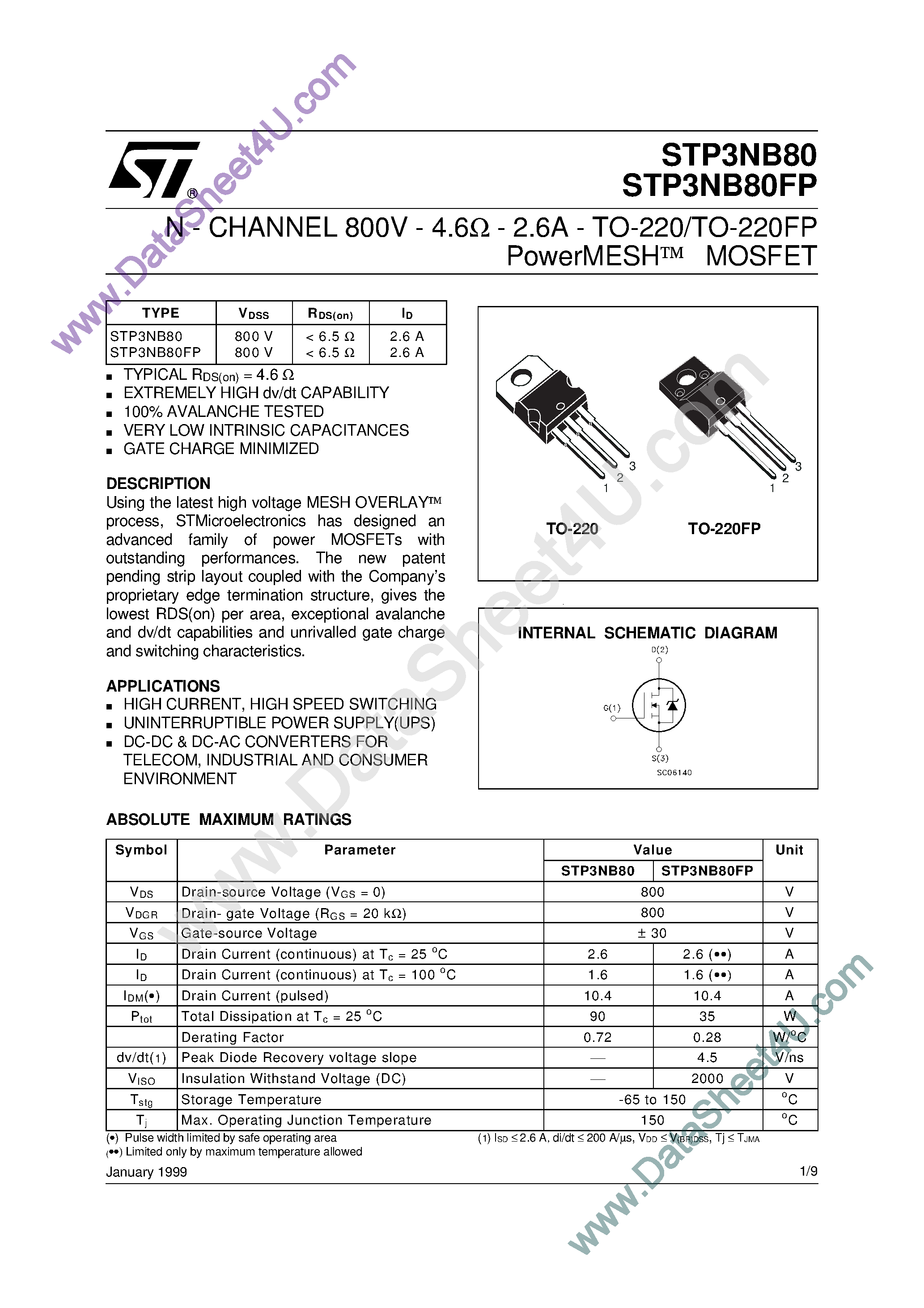 Datasheet STP3NB80 - N - CHANNEL PowerMESH MOSFET page 1