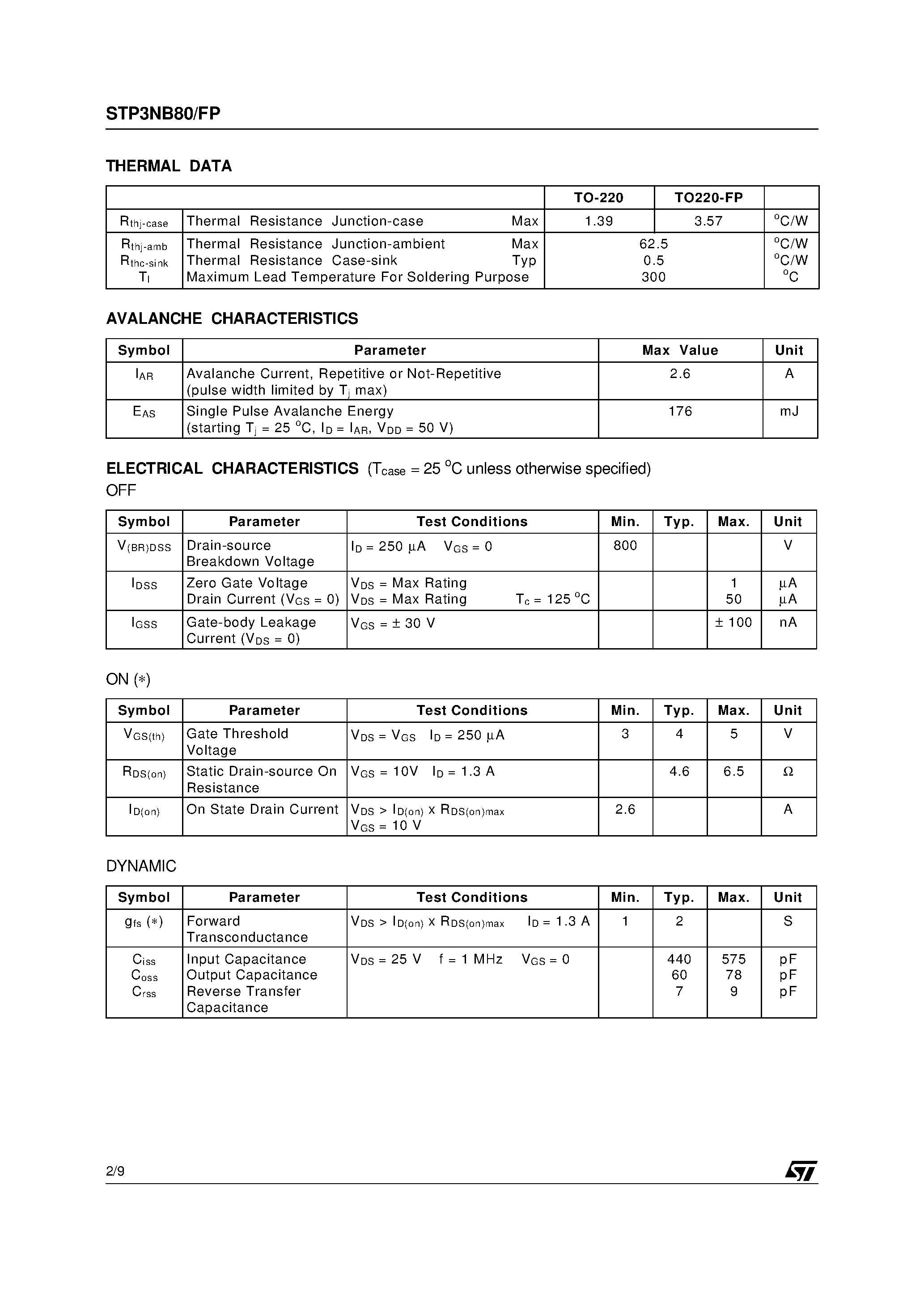 Datasheet STP3NB80 - N - CHANNEL PowerMESH MOSFET page 2