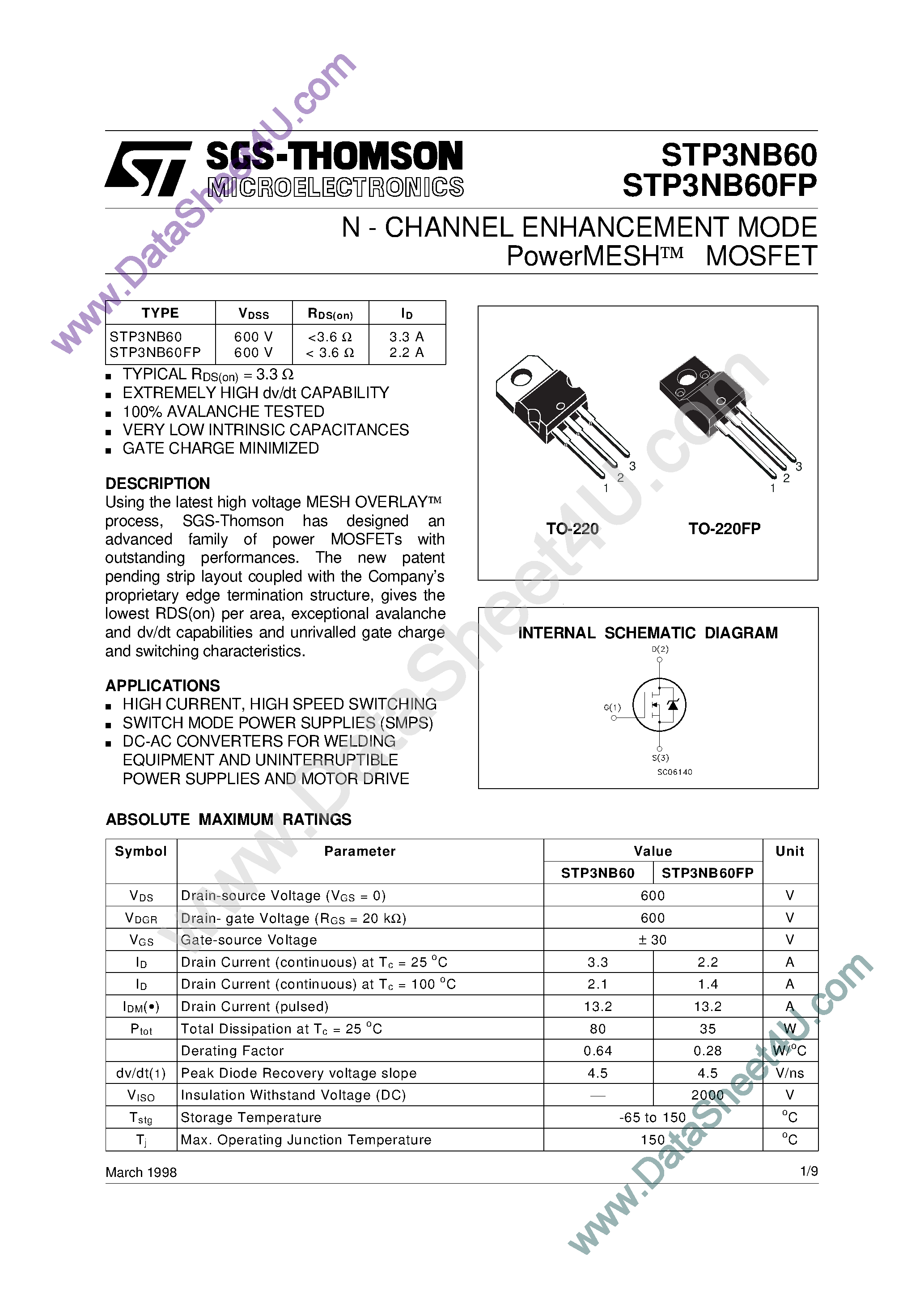 Datasheet STP3NB60 - N - CHANNEL PowerMESH MOSFET page 1