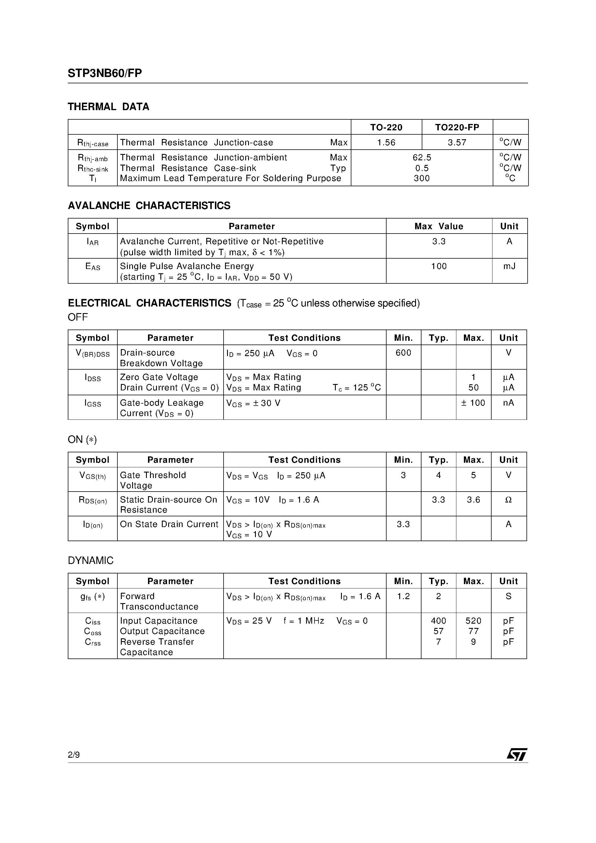 Datasheet STP3NB60 - N - CHANNEL PowerMESH MOSFET page 2