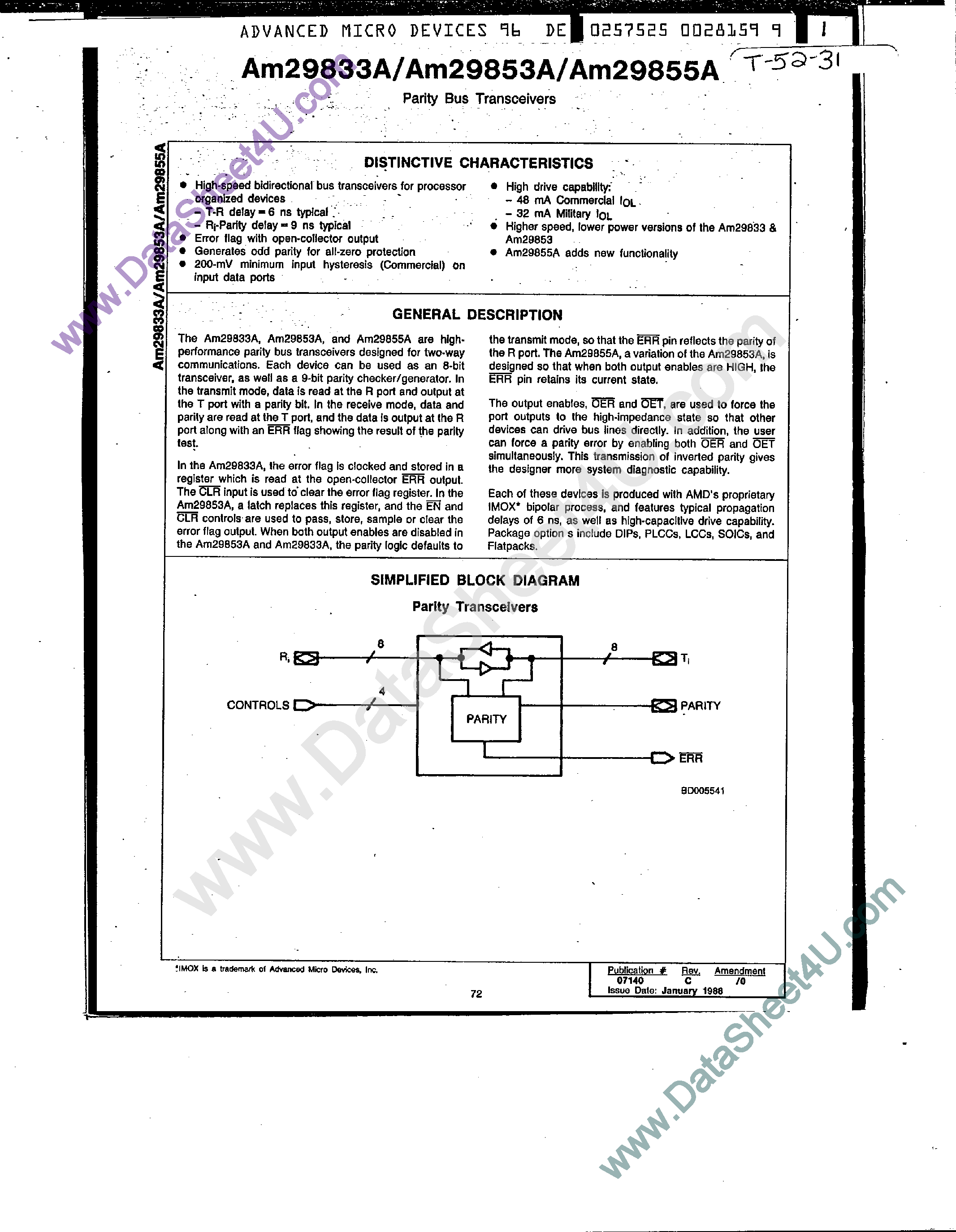 Datasheet AM29833A page 1 Datasheet AM29833A - (AM29833A - AM29855A) Parity Bus Transceiver page 1