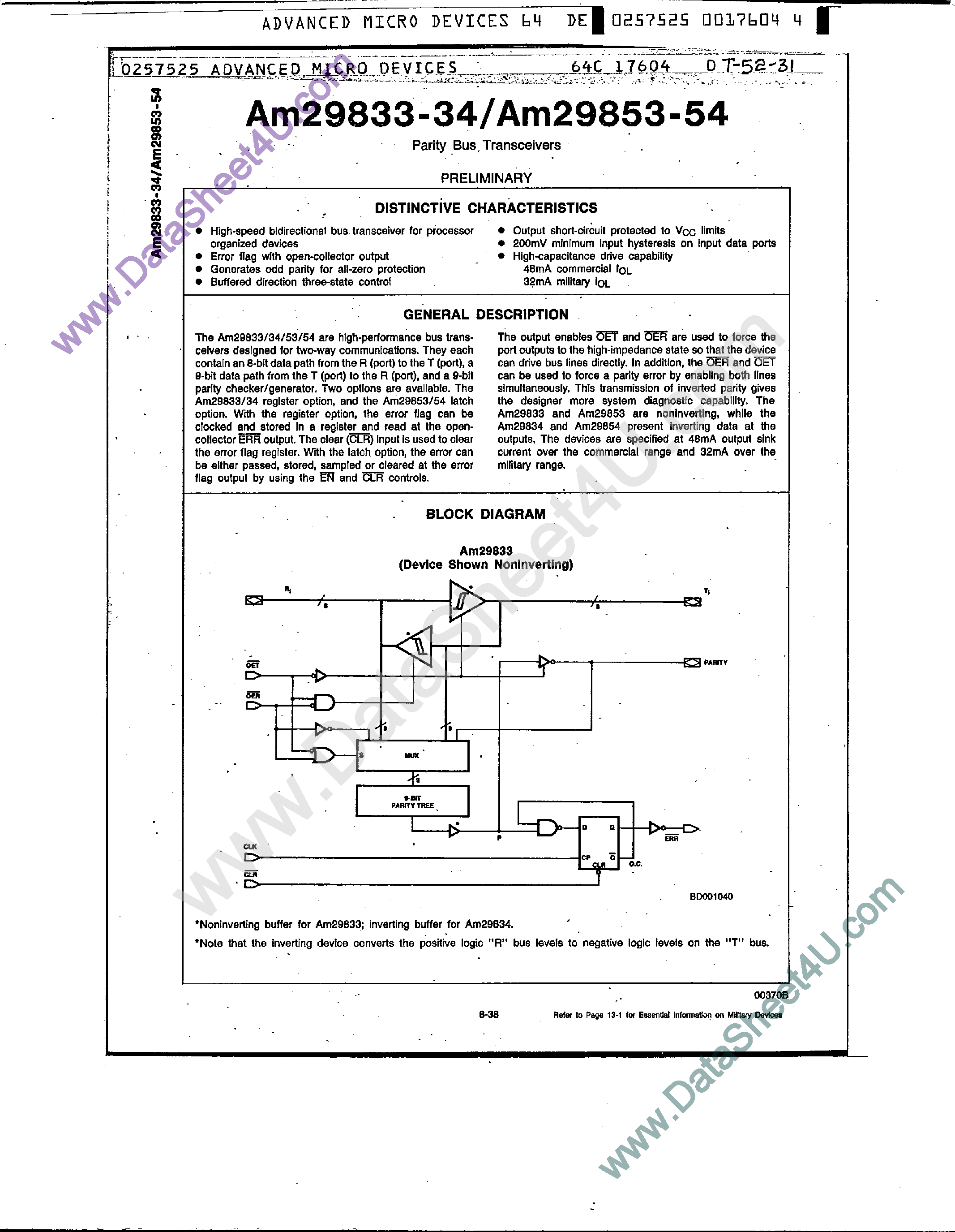 Datasheet AM29833 page 1 Datasheet AM29833 - (AM29833 - AM29854) Parity Bus Transceiver page 1