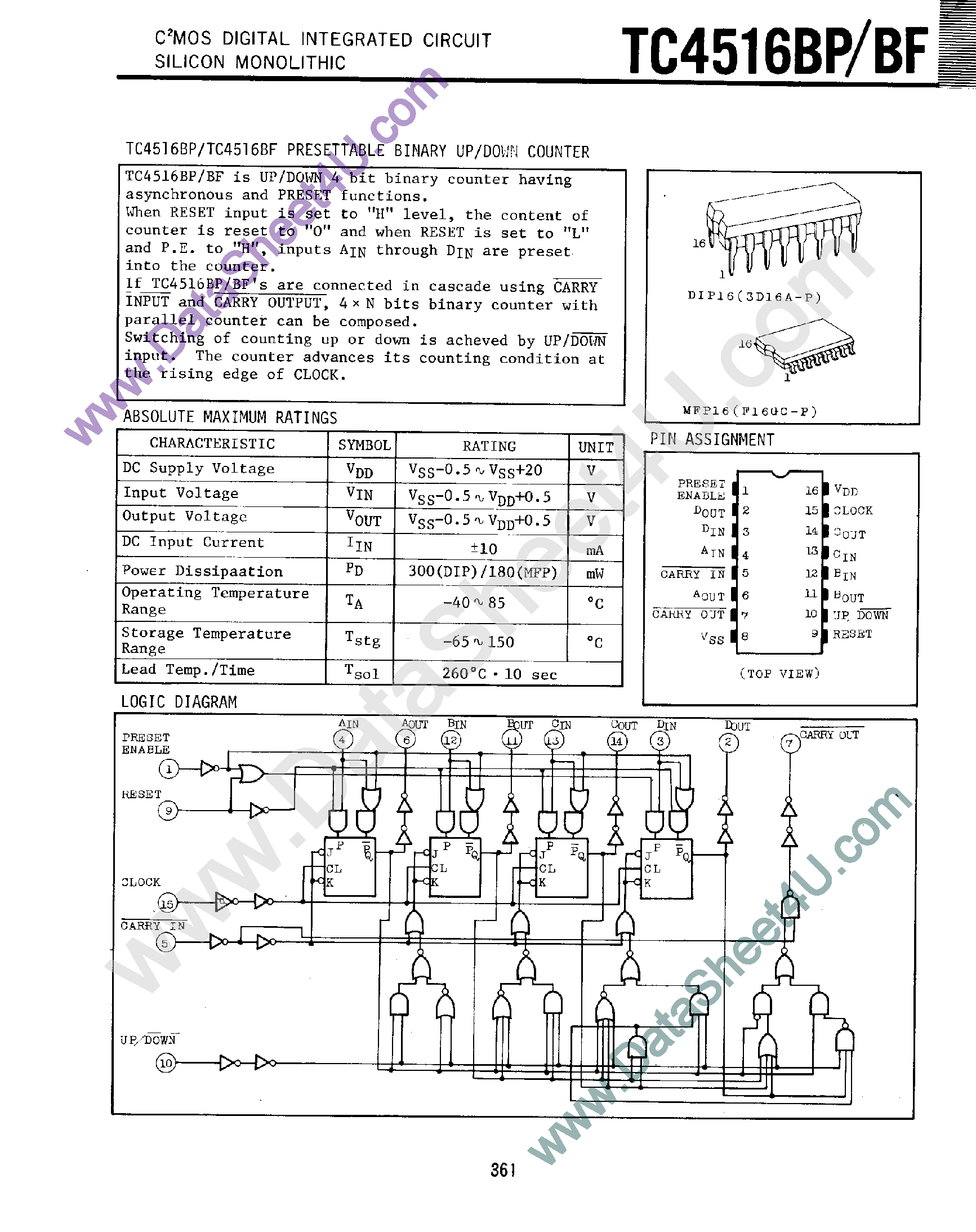 Datasheet TC4516BF - Presettable Binary Up/Down Counter page 1