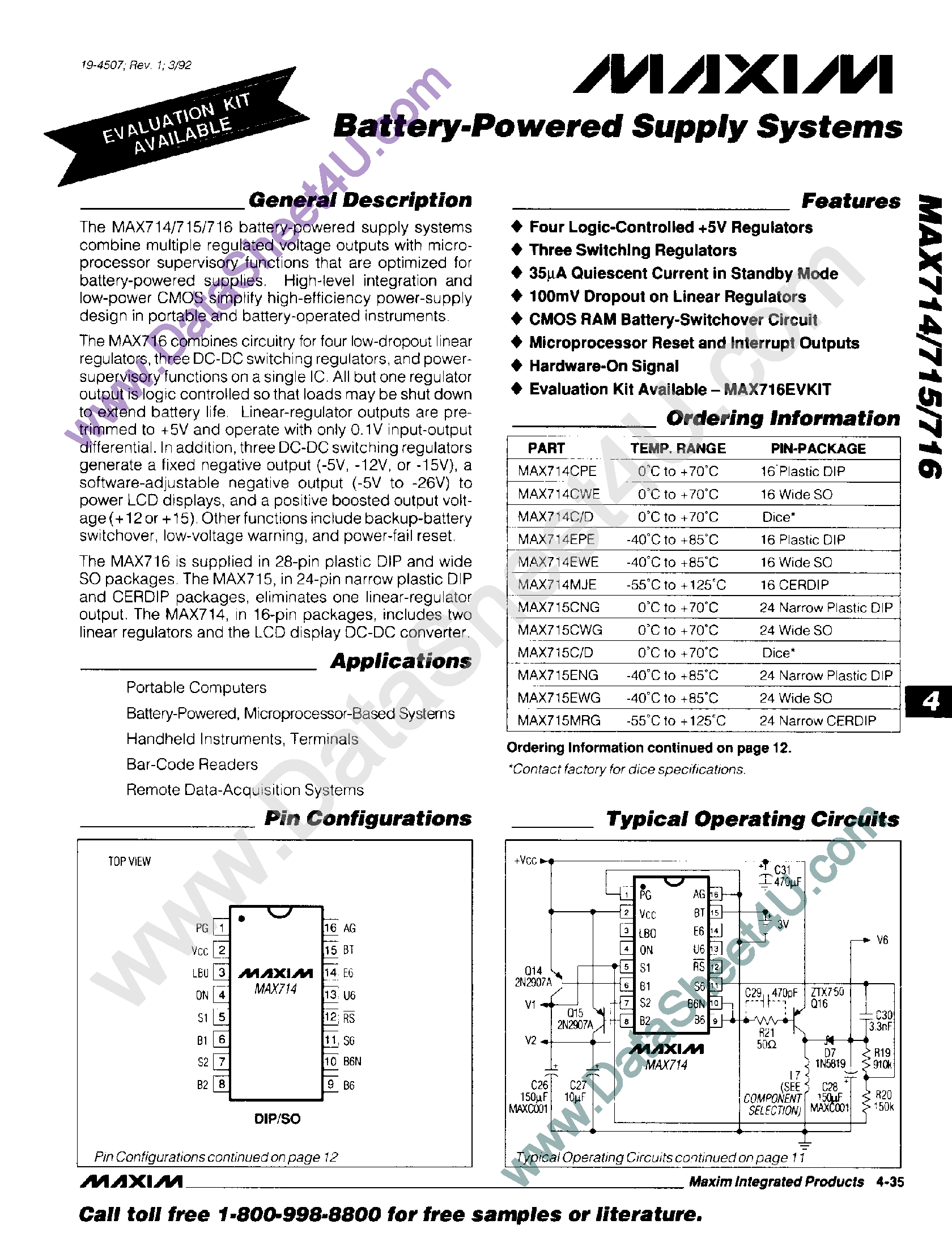 Datasheet MAX714 - (MAX714 - MAX716) Battery Powered Supply Systems page 1