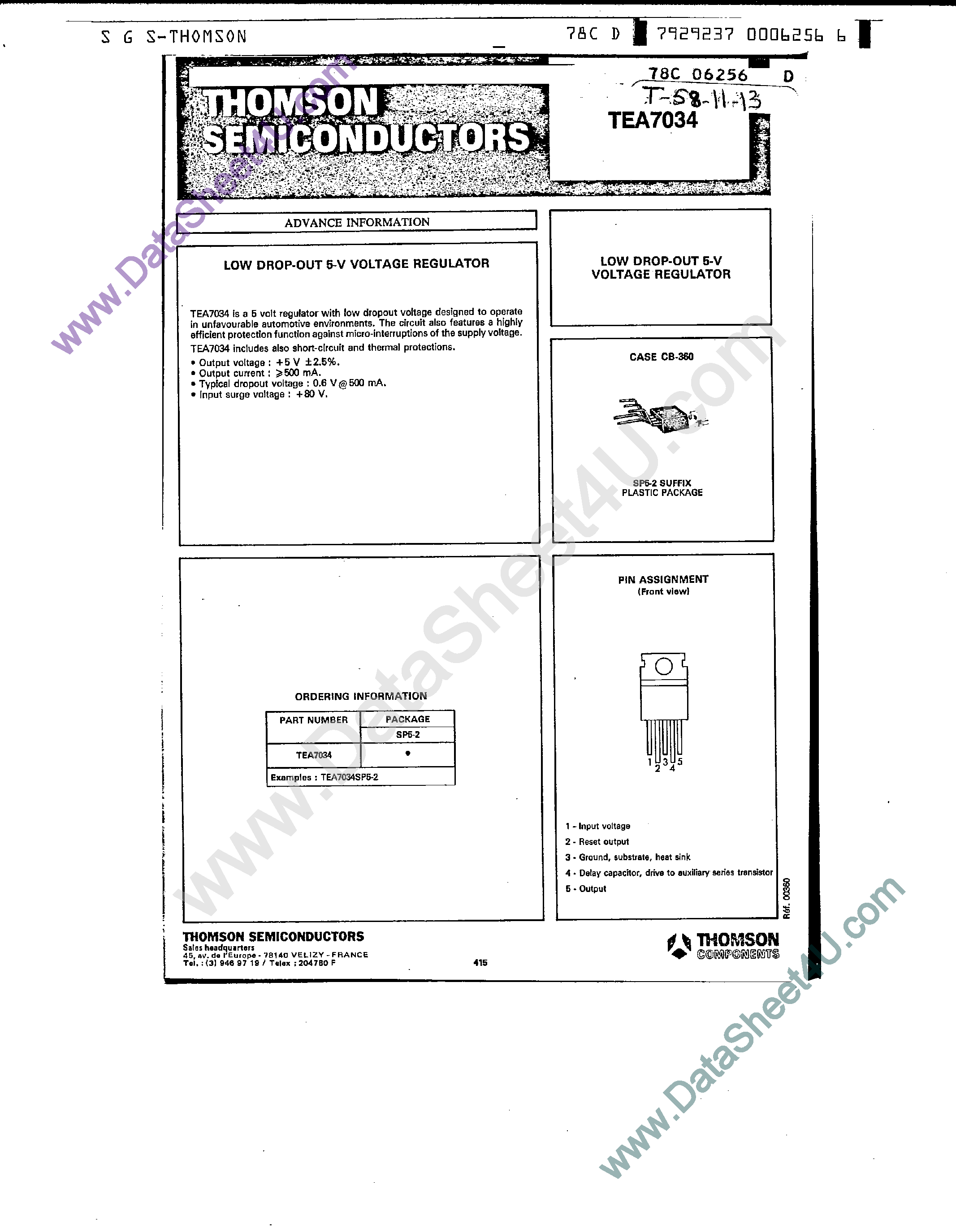 Даташит TEA7034 - Low Drop Out 5V Voltage Regulator страница 1
