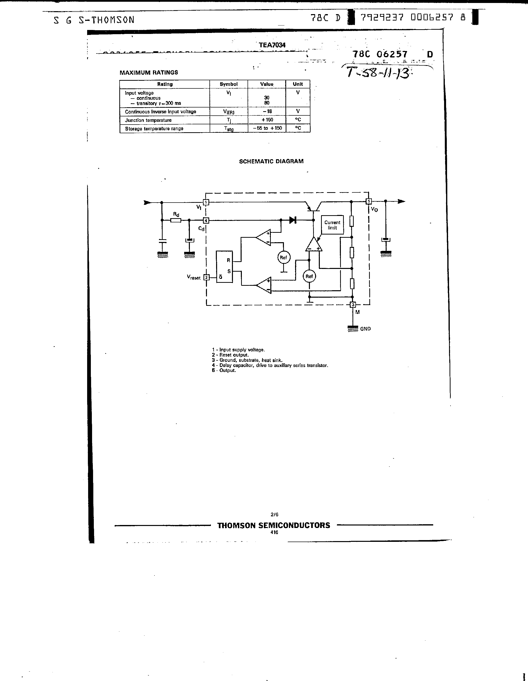 Даташит TEA7034 - Low Drop Out 5V Voltage Regulator страница 2