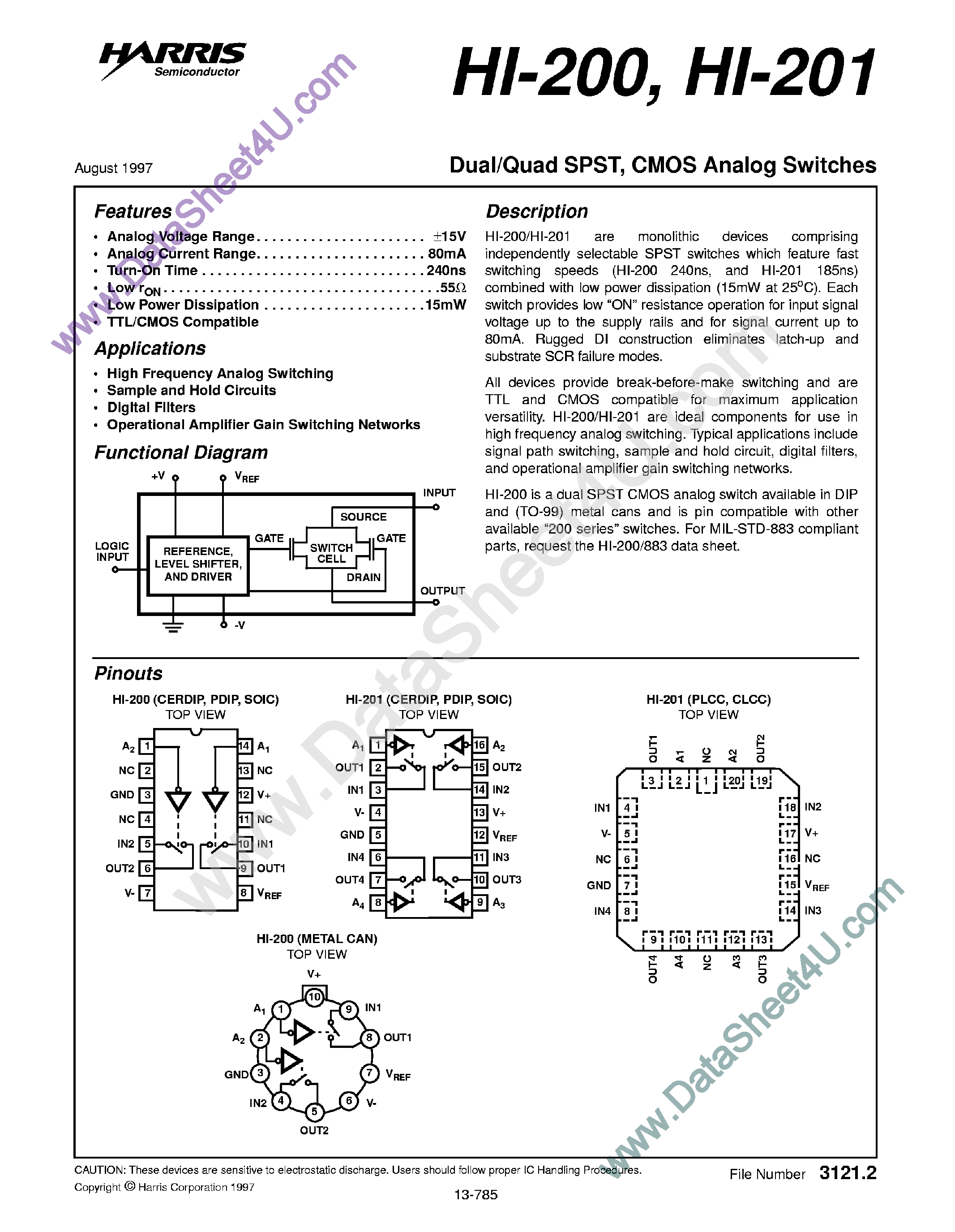 Даташит HI2-0200 - Dual / Quad SPST / CMOS Analog Switches страница 1