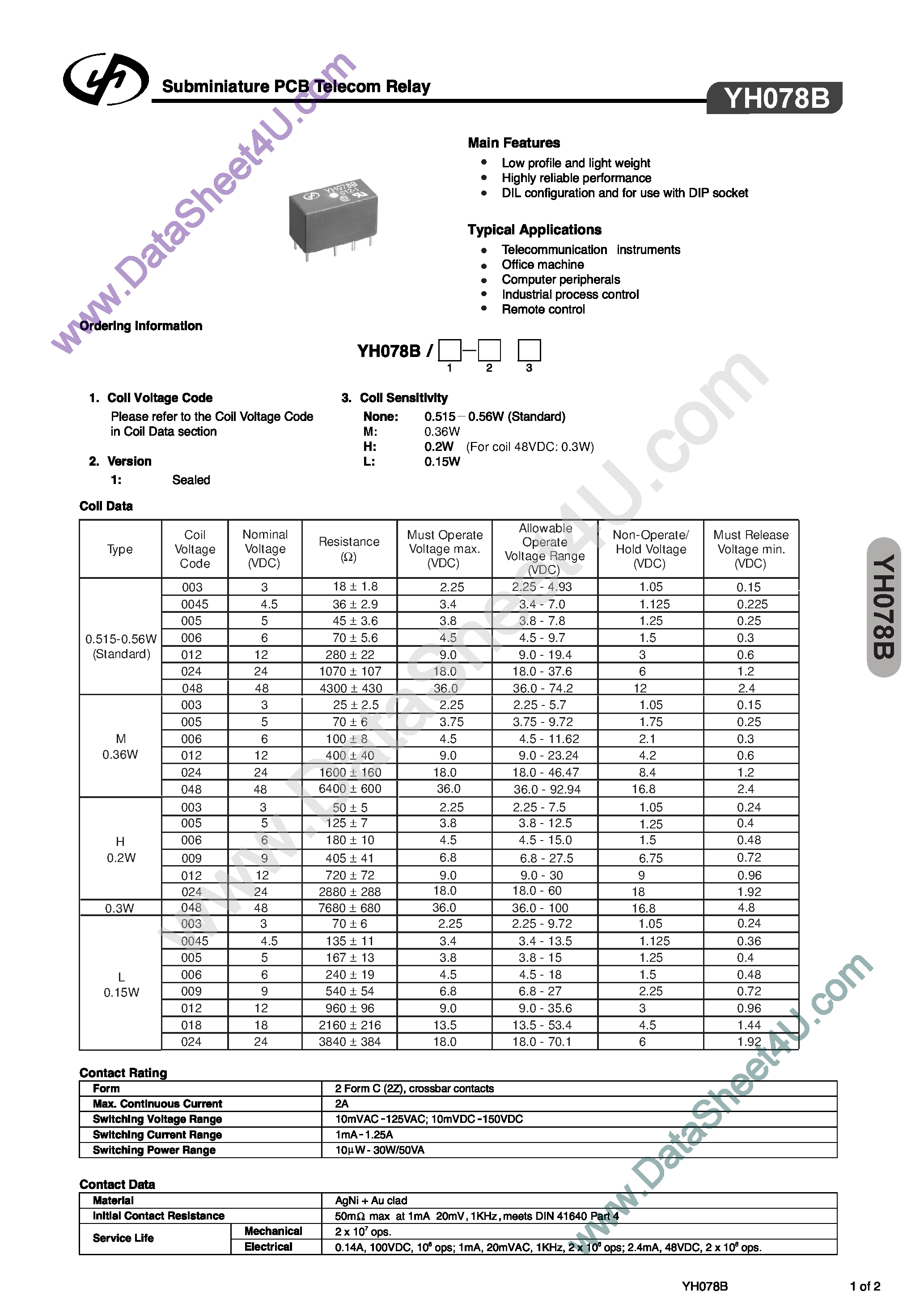 Datasheet YH078B - Subminiature PCB Telecom Relay page 1
