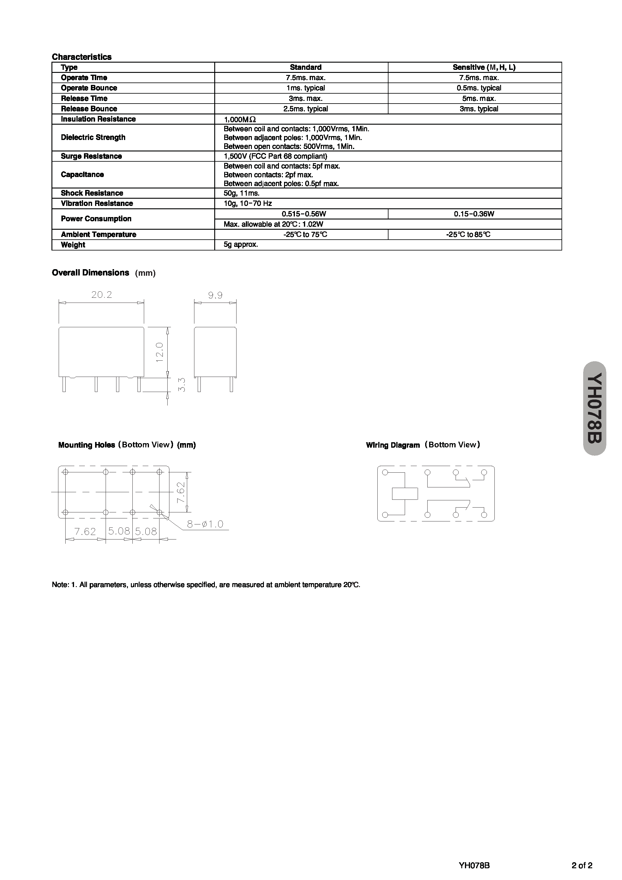 Datasheet YH078B - Subminiature PCB Telecom Relay page 2