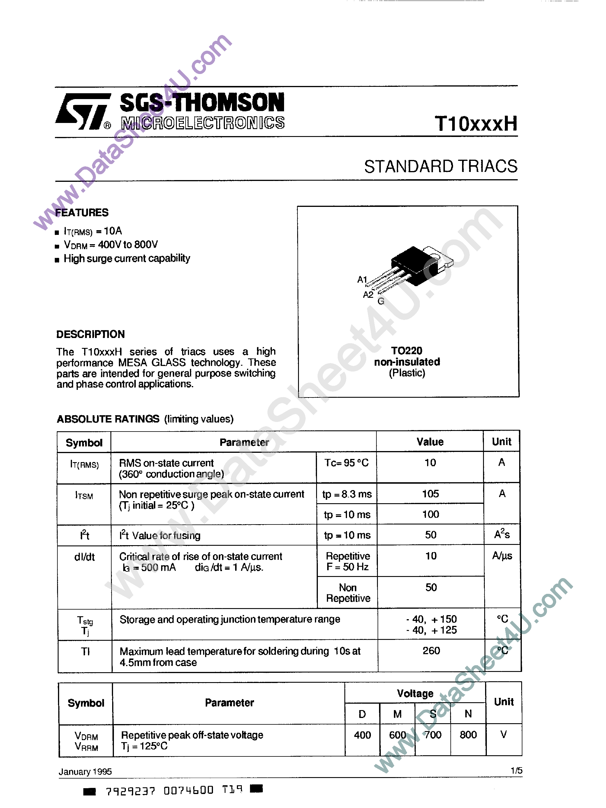 Datasheet T1010DH page 1 Datasheet T1010DH - (T10xxxH) Standard Triacs page 1