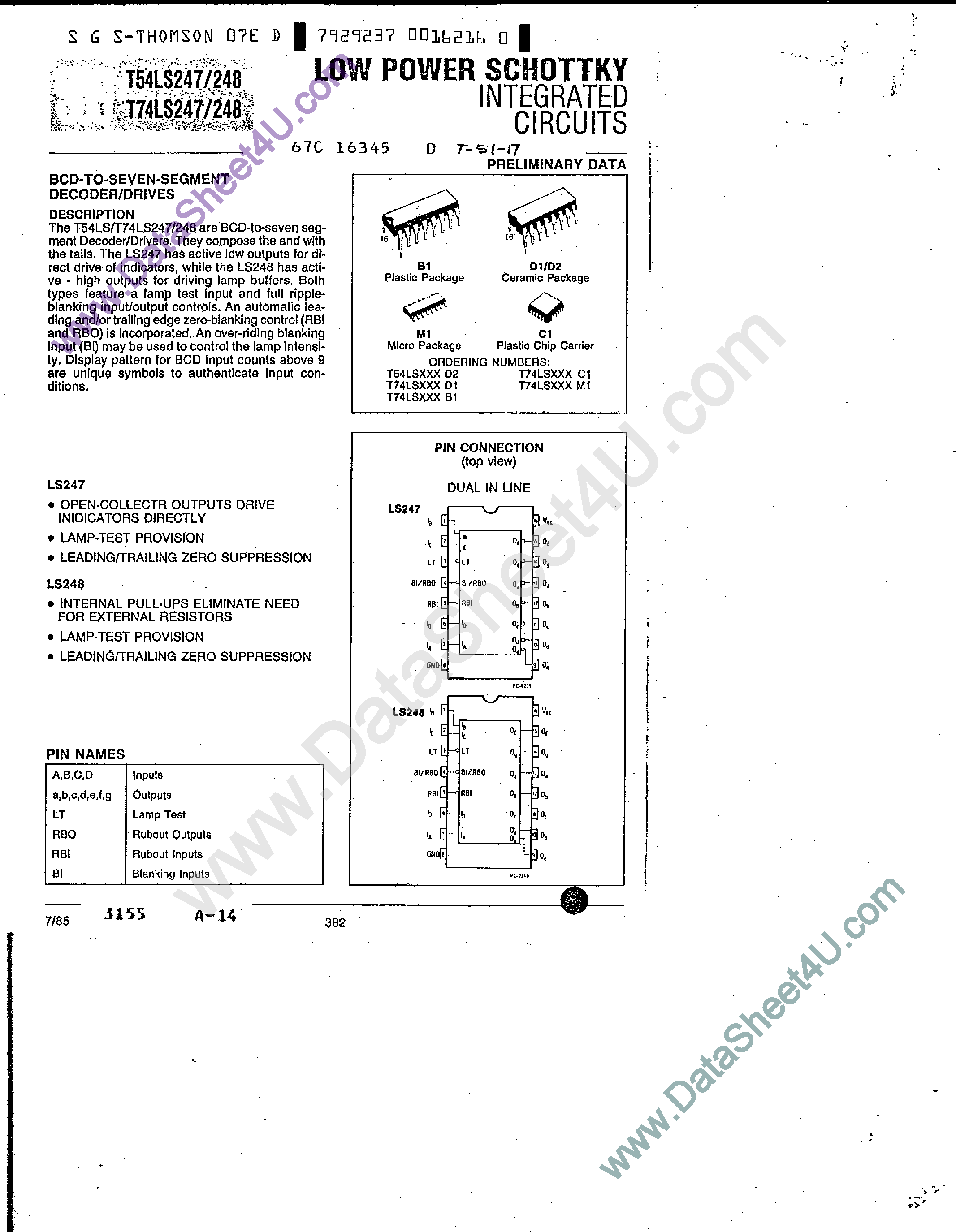 Datasheet T74LS247 - (T74LS247 / T74LS248) BCD to 7-Segment Decoder/Drivers page 1