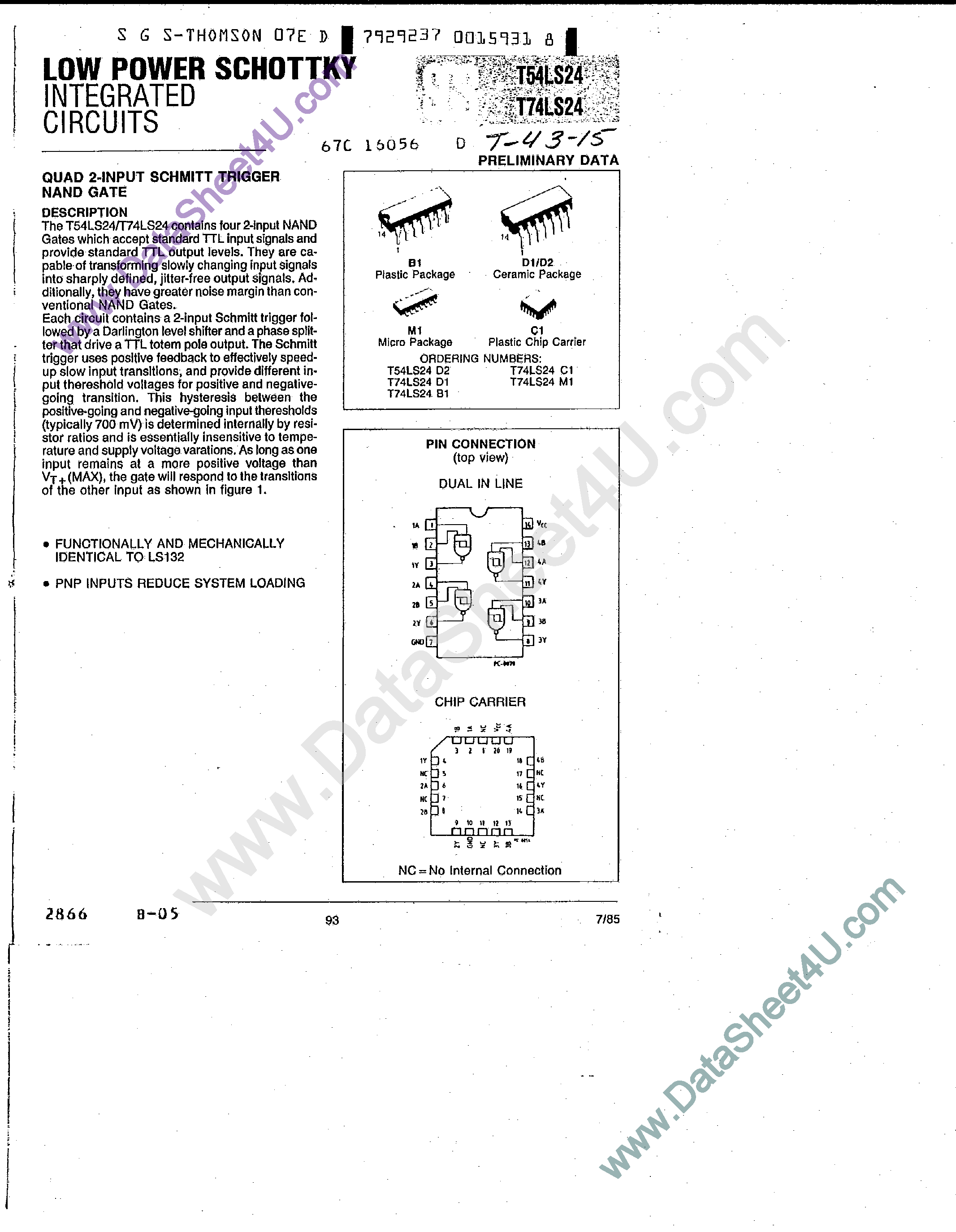 Datasheet T74LS24 - Quad 2-Input Schmitt Trigger NAND Gate page 1
