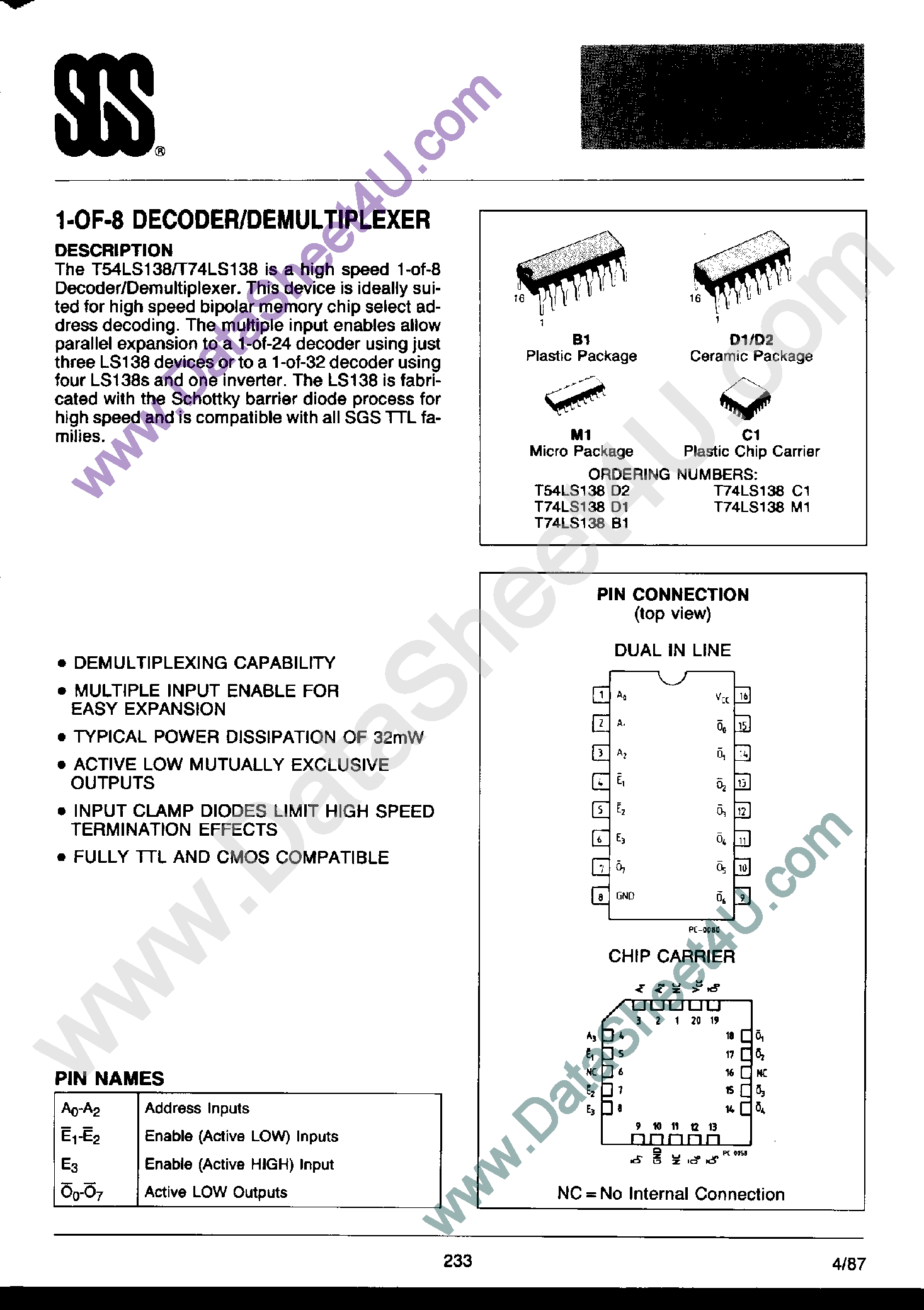 Datasheet T74LS138 - 1-of-8 Decoder / Demultiplexer page 1