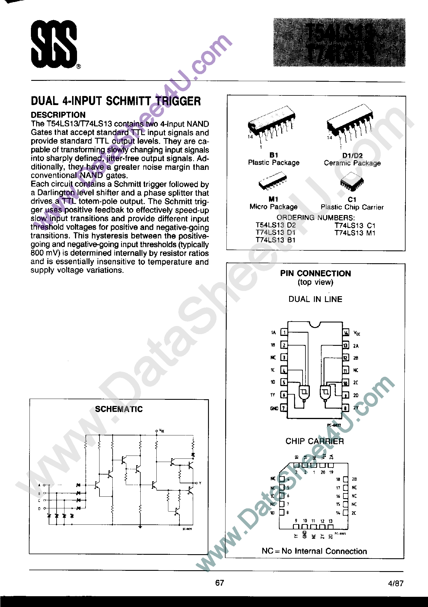 Datasheet T74LS13 - Dual 4-Input Schmitt Trigger page 1
