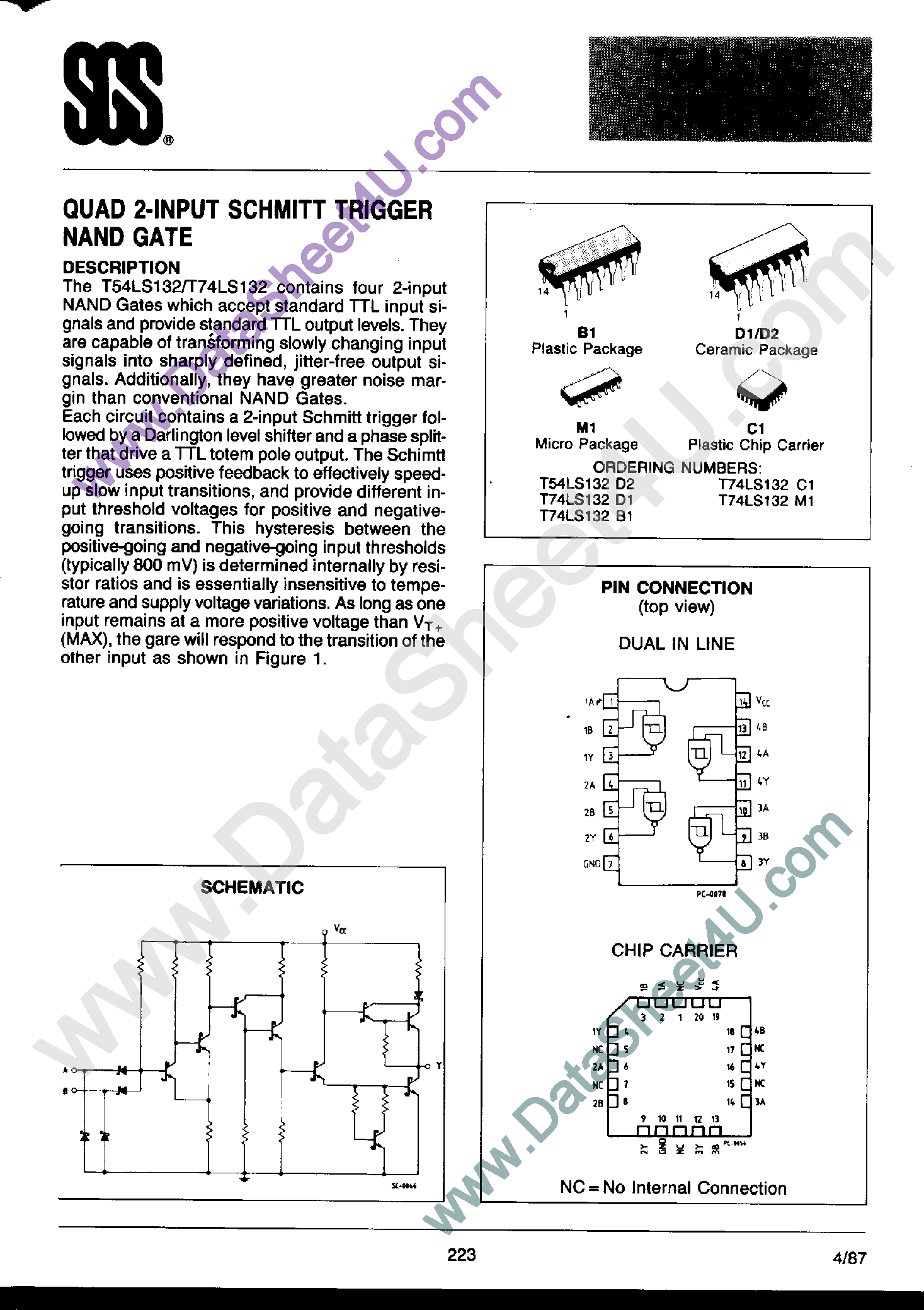 Datasheet T74LS132 - Quad 2-Input Schmitt Trigger NAND Gate page 1