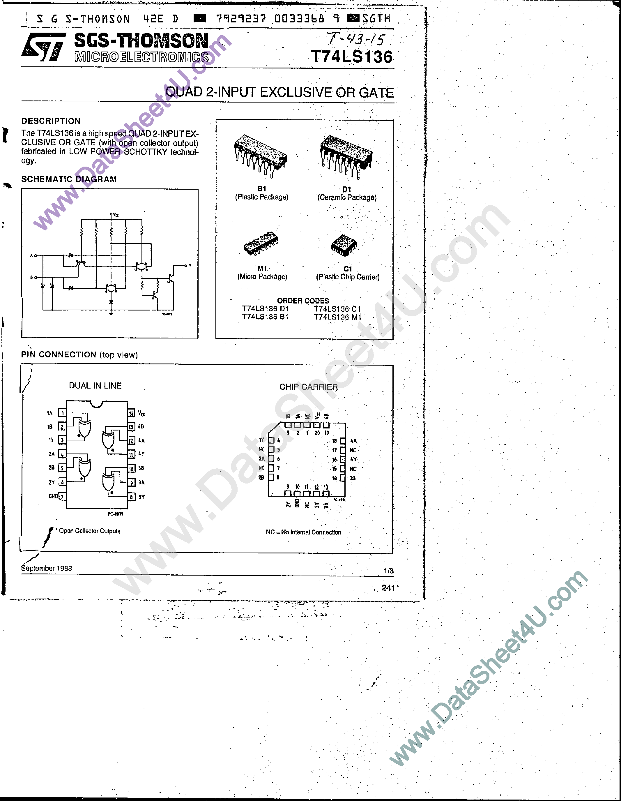Datasheet T74LS136 - Quad 2-Input Exclusive OR Gate page 1