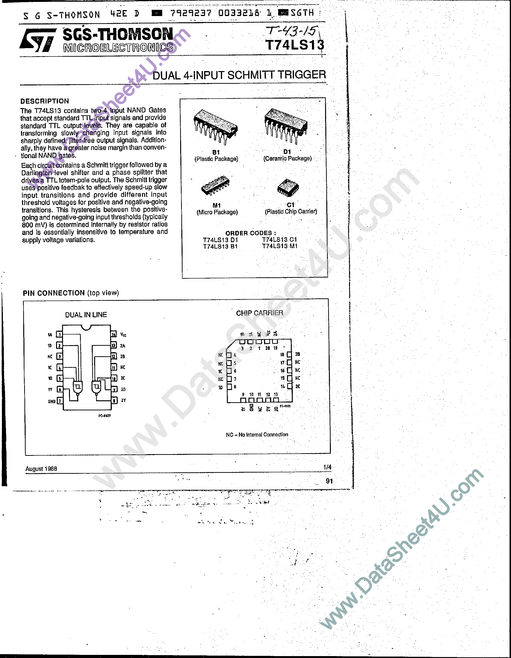 Datasheet T74LS13 - Dual 4-Input Schmitt Trigger page 1