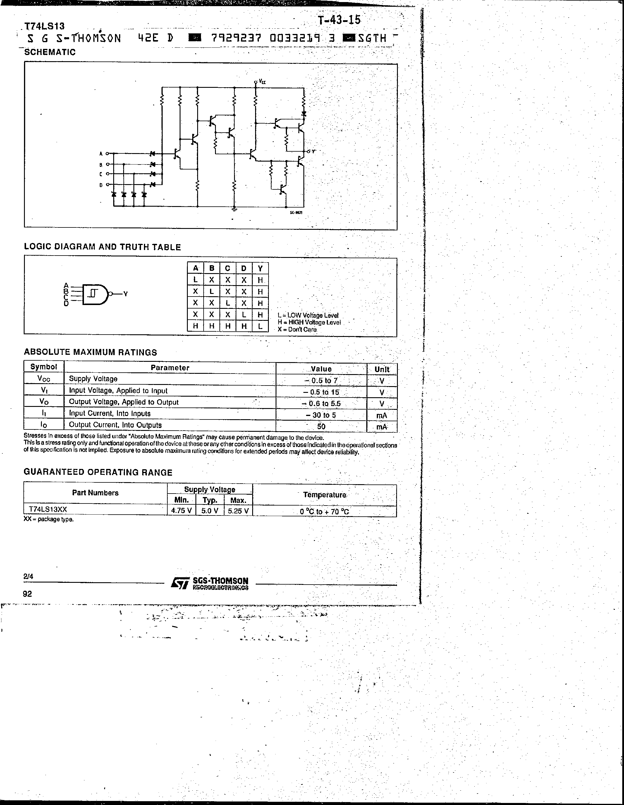 Datasheet T74LS13 - Dual 4-Input Schmitt Trigger page 2