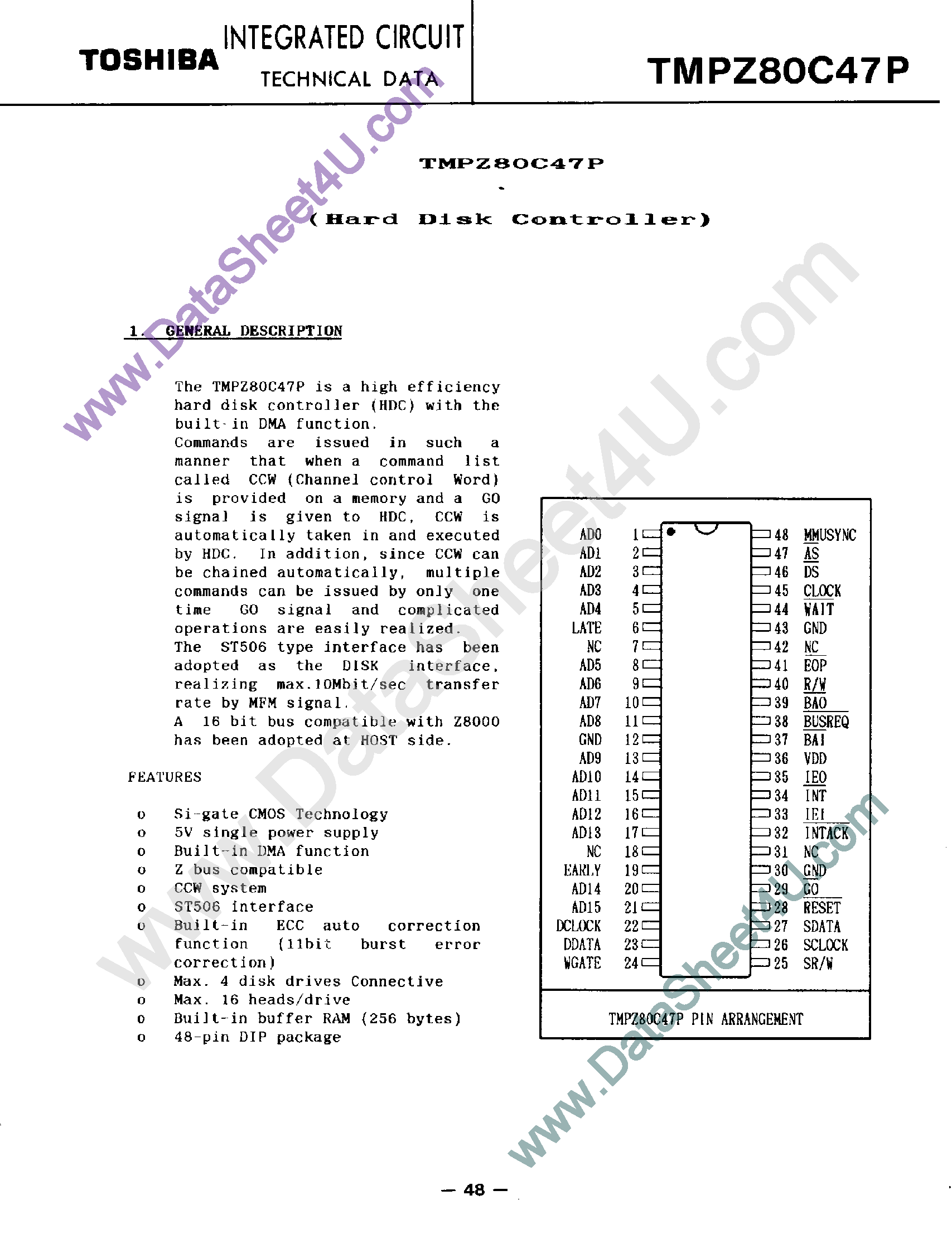 Datasheet TMPZ80C47P - Hard Disk Controller page 1