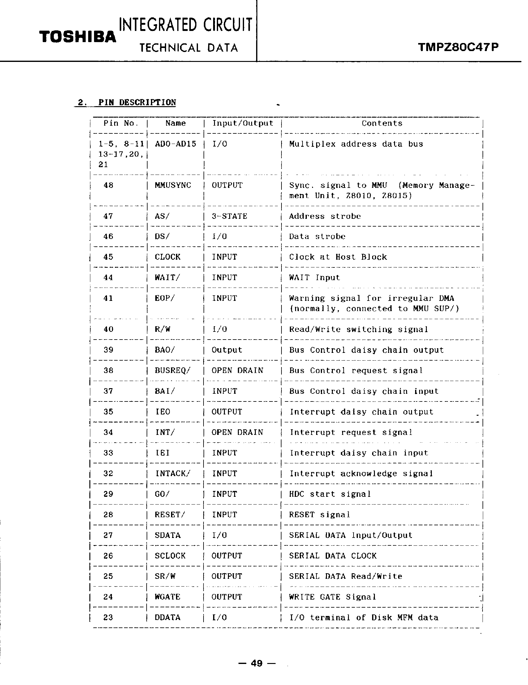 Datasheet TMPZ80C47P - Hard Disk Controller page 2