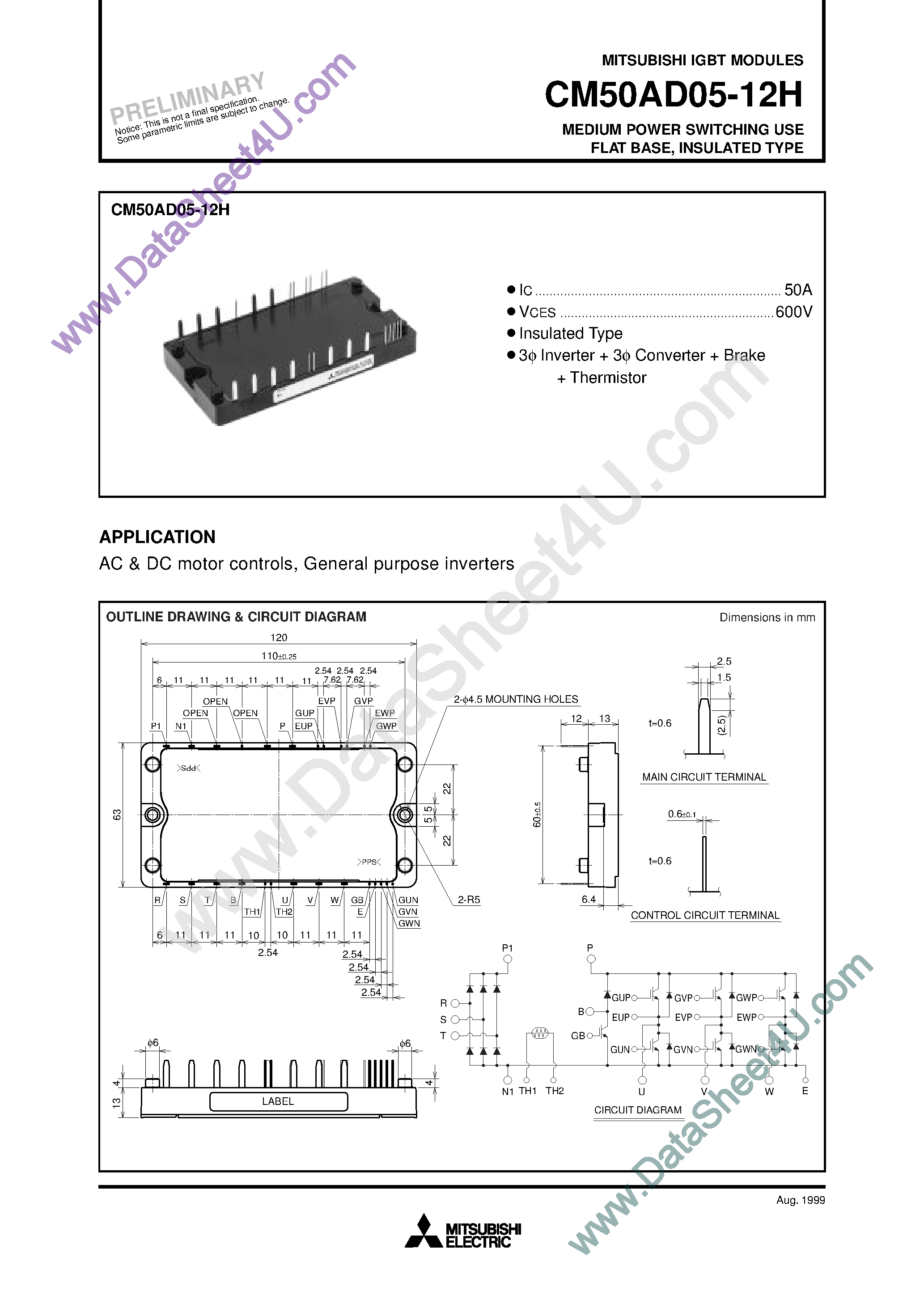 Даташит на микросхему CM50AD05-12H страница 1 Даташит CM50AD05-12H - Medium Power Switching Use Flat Base страница 1