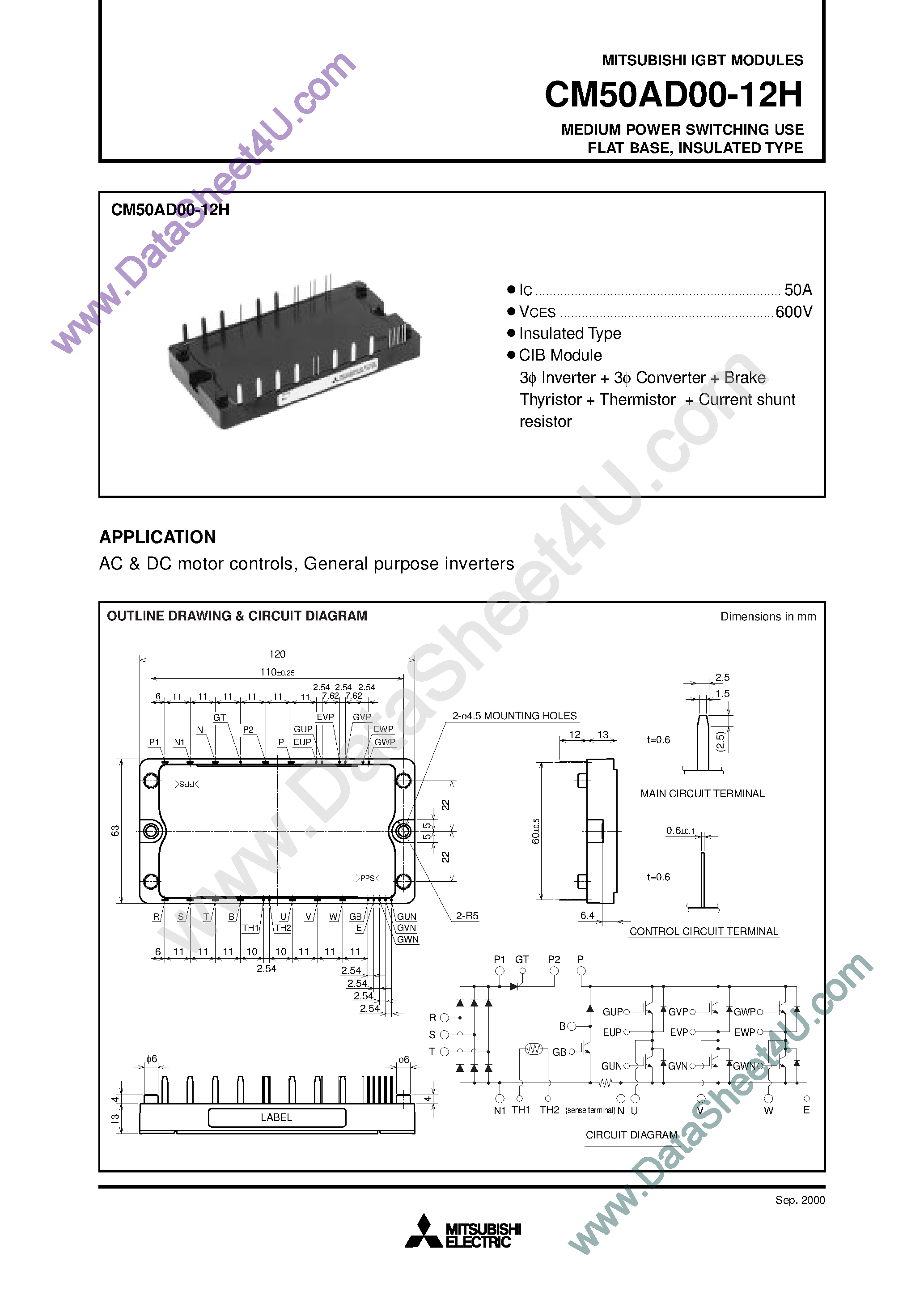 Даташит на микросхему CM50AD00-12H страница 1 Даташит CM50AD00-12H - Medium Power Switching Use Flat Base страница 1
