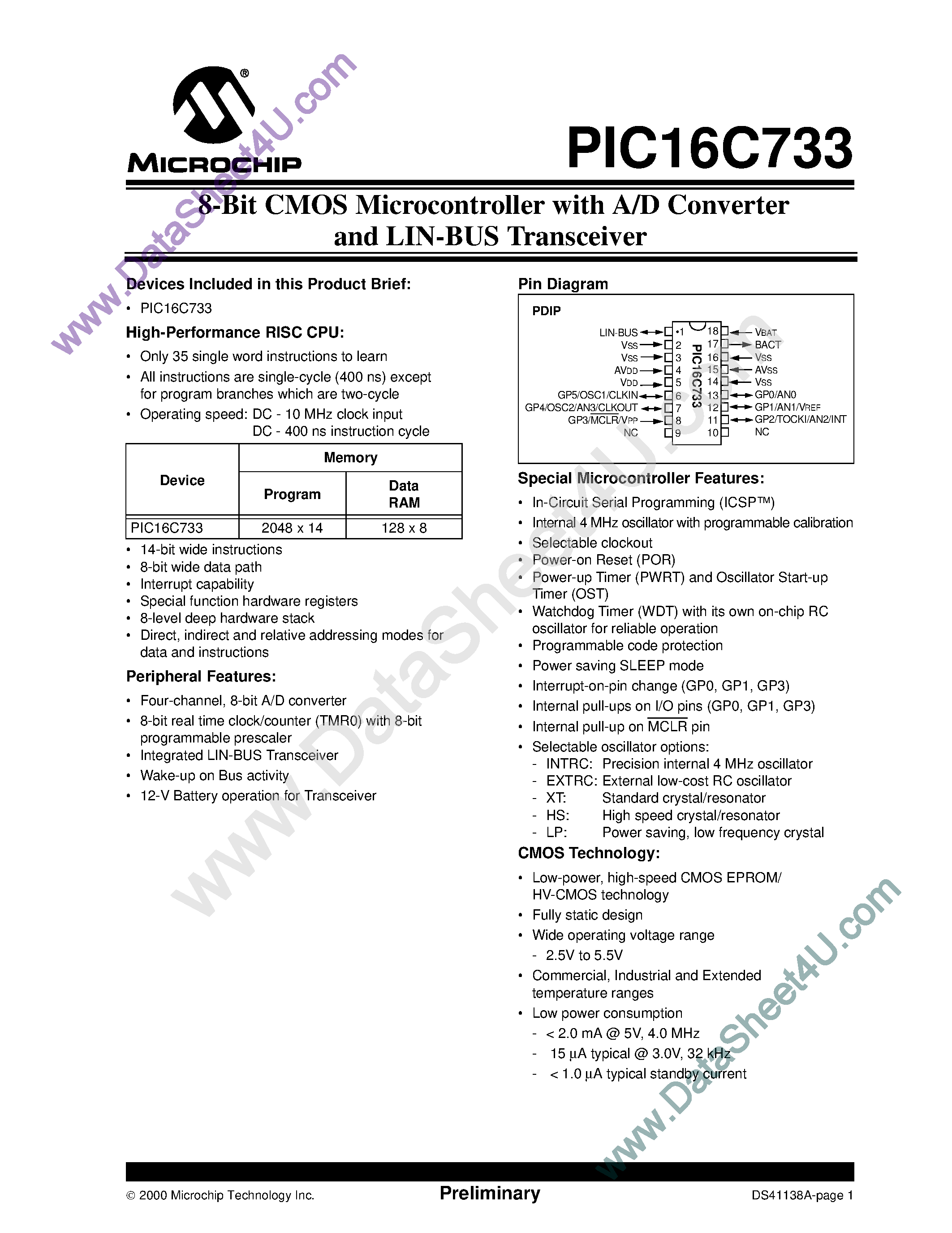 Datasheet PIC16C733 page 1 Datasheet PIC16C733 - 8-Bit CMOS Microcontroller page 1