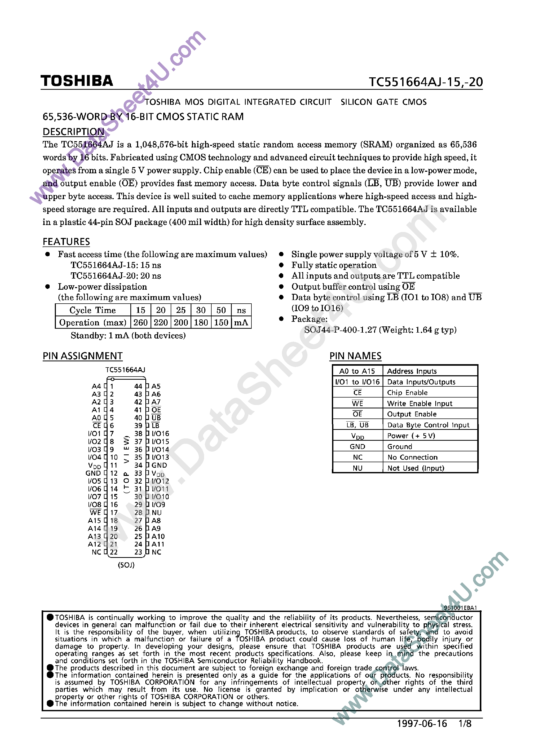 Даташит TC551664AJ - 65536 Word x 16-Bit CMOS Static RAM страница 1