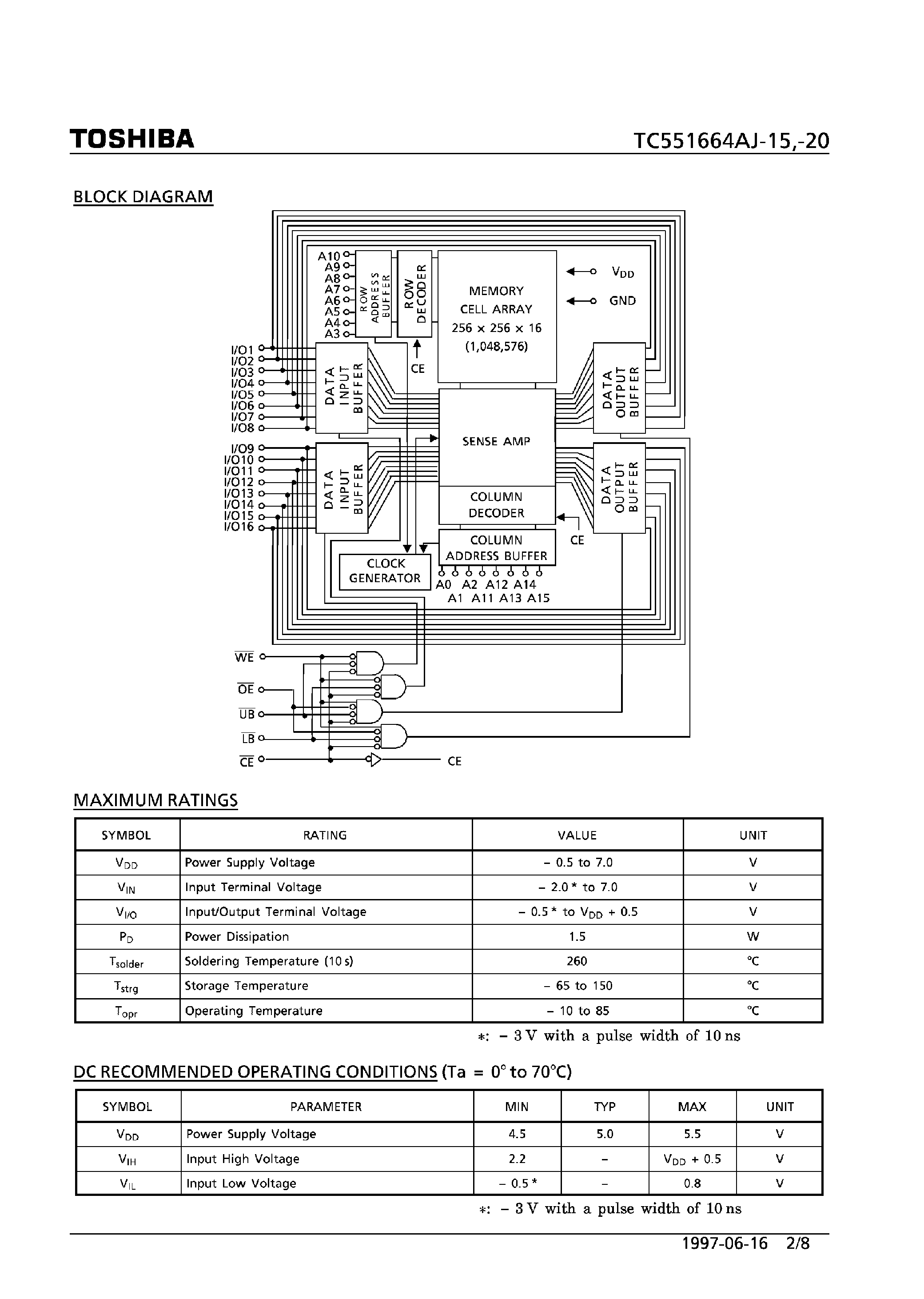 Даташит TC551664AJ - 65536 Word x 16-Bit CMOS Static RAM страница 2