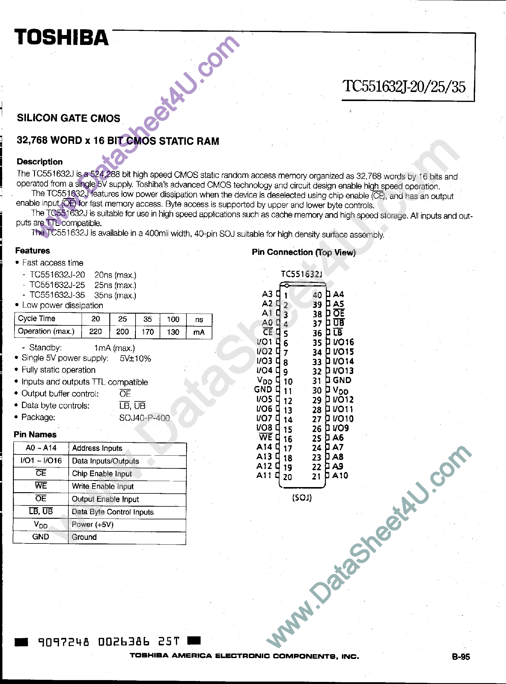 Даташит TC551632J - 32768 Word x 16-Bit CMOS Static RAM страница 1