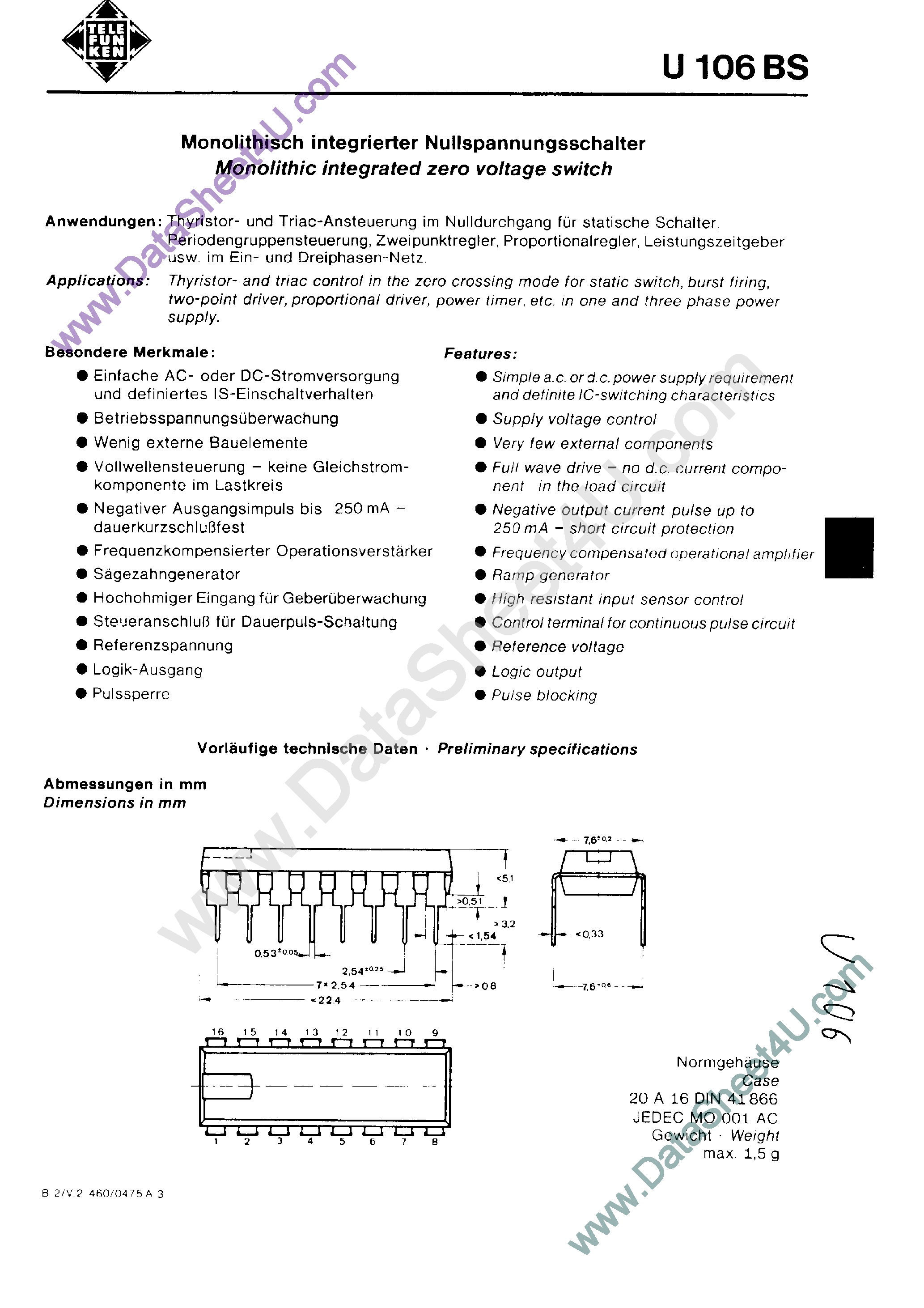 Datasheet U106BS - Integrated Zero Voltage Switch page 1