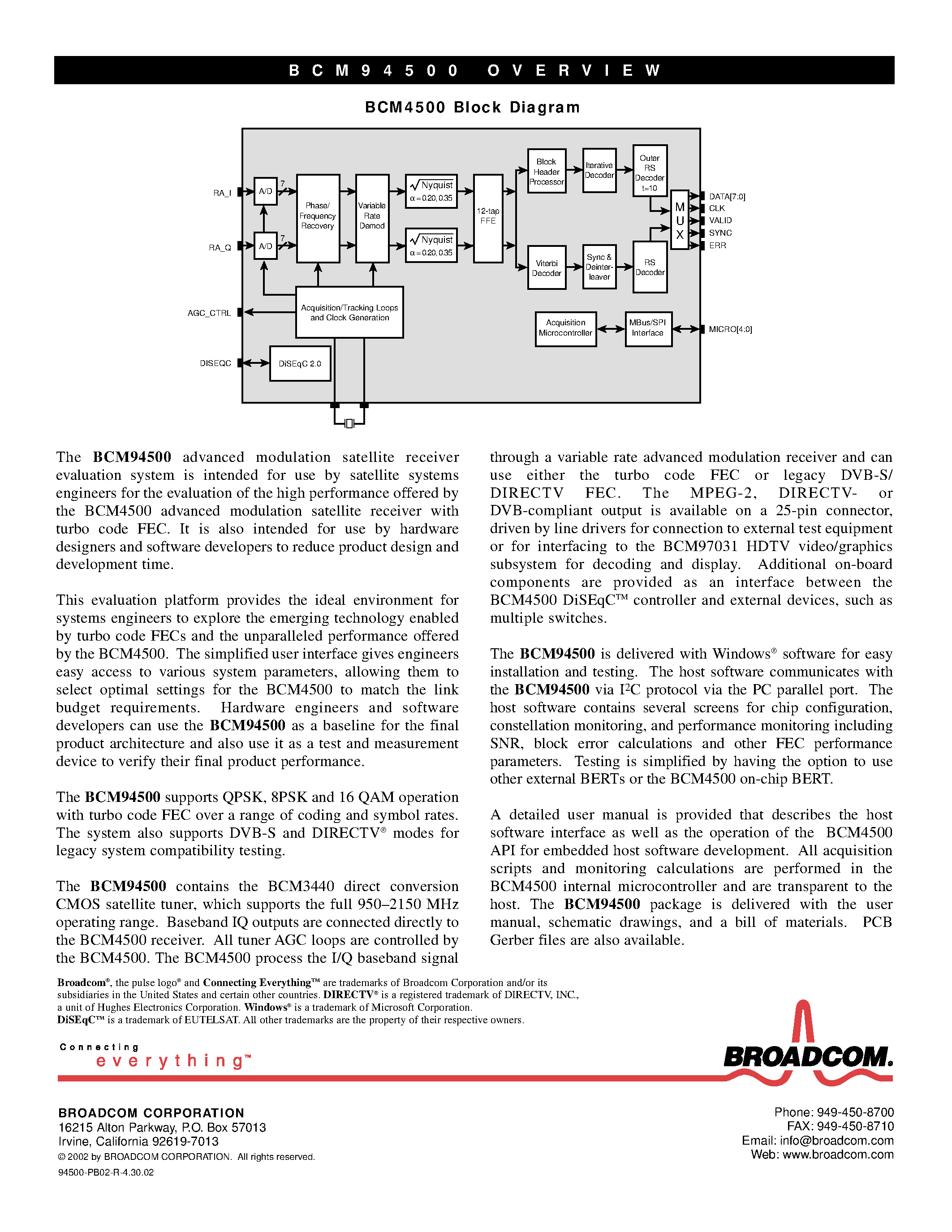 Datasheet BCM94500 - Advanced Modulation Satellite Receiver Evaluation System page 2