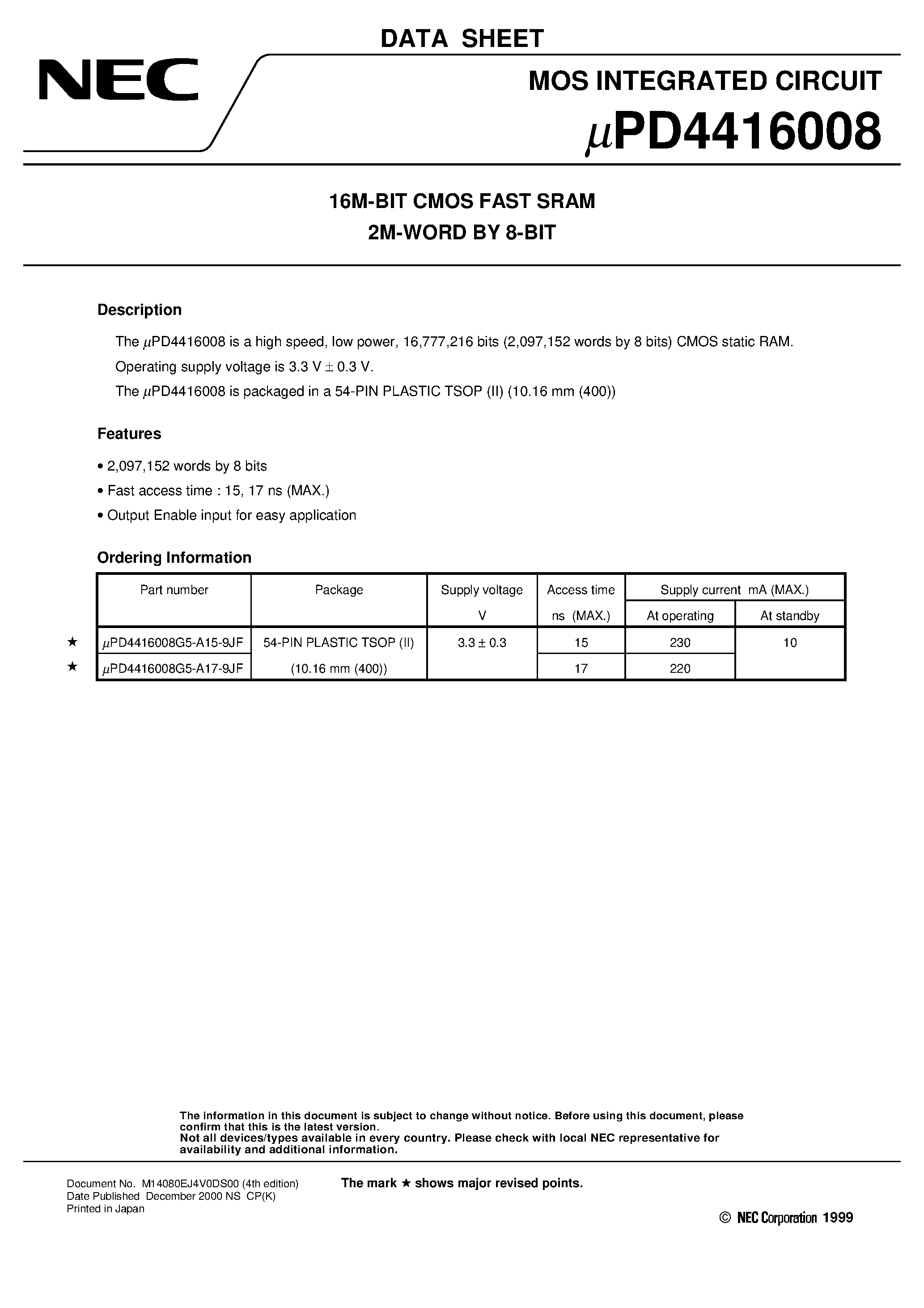 Даташит UPD4416008 - 16M-BIT CMOS FAST SRAM 2M-WORD BY 8-BIT страница 1