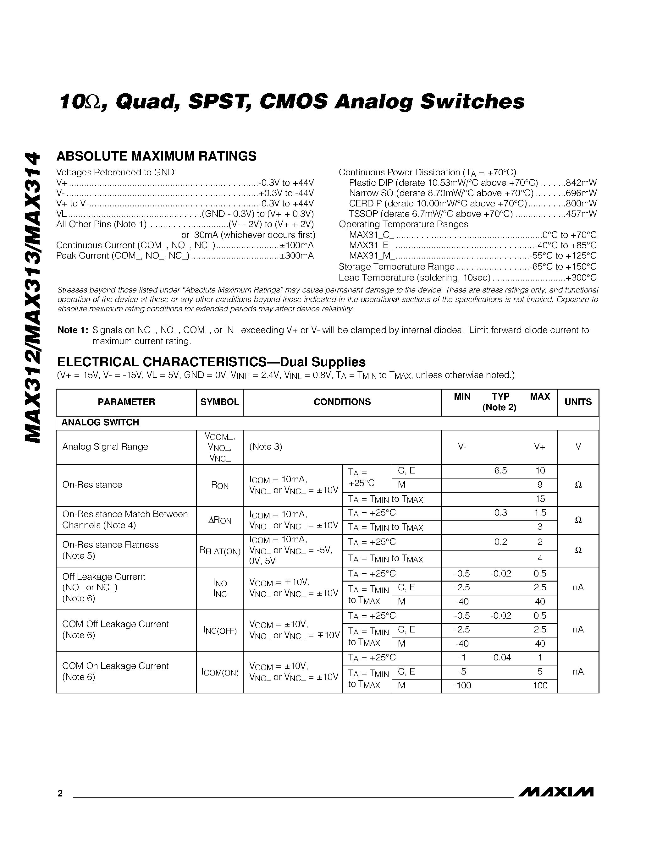 Datasheet MAX314 page 2 Datasheet MAX314 - 10 / Quad / SPST / CMOS Analog Switches page 2
