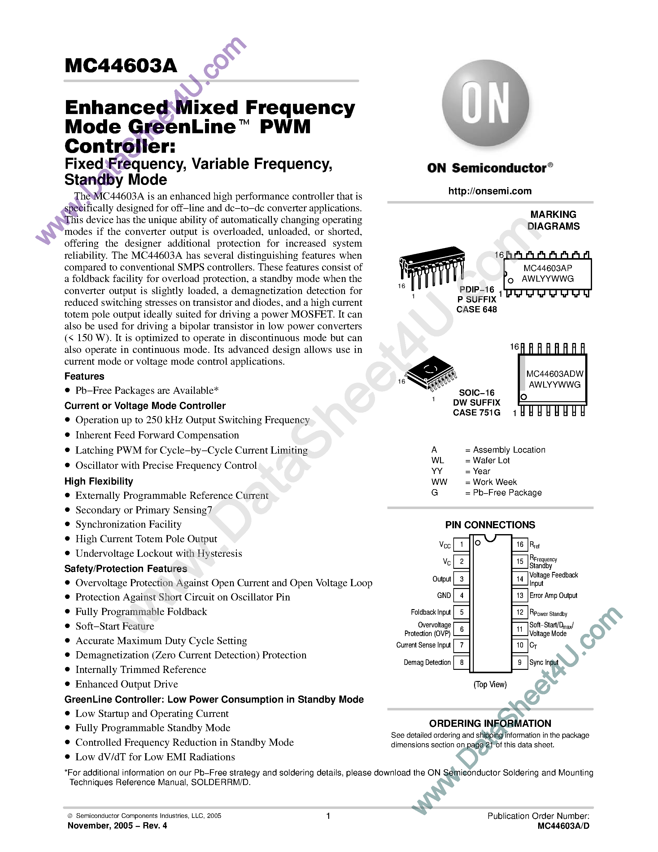 Datasheet MC44603A page 1 Datasheet MC44603A - MIXED FREQUENCY MODE GREENLINE PWM CONTROLLER page 1