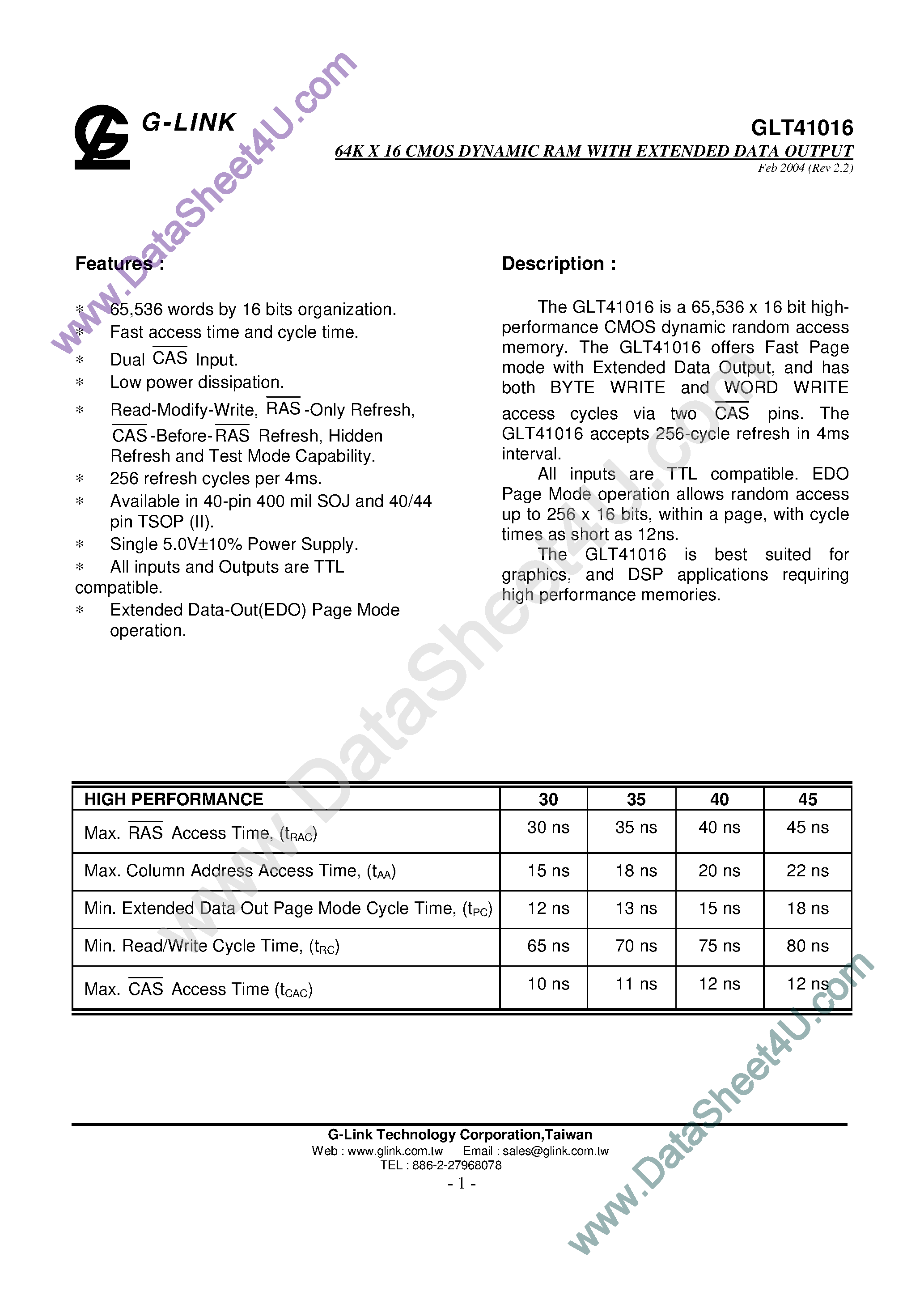 Даташит на микросхему GLT41016 страница 1 Даташит GLT41016 - 64K X 16 CMOS DYNAMIC RAM WITH EXTENDED DATA OUTPUT страница 1