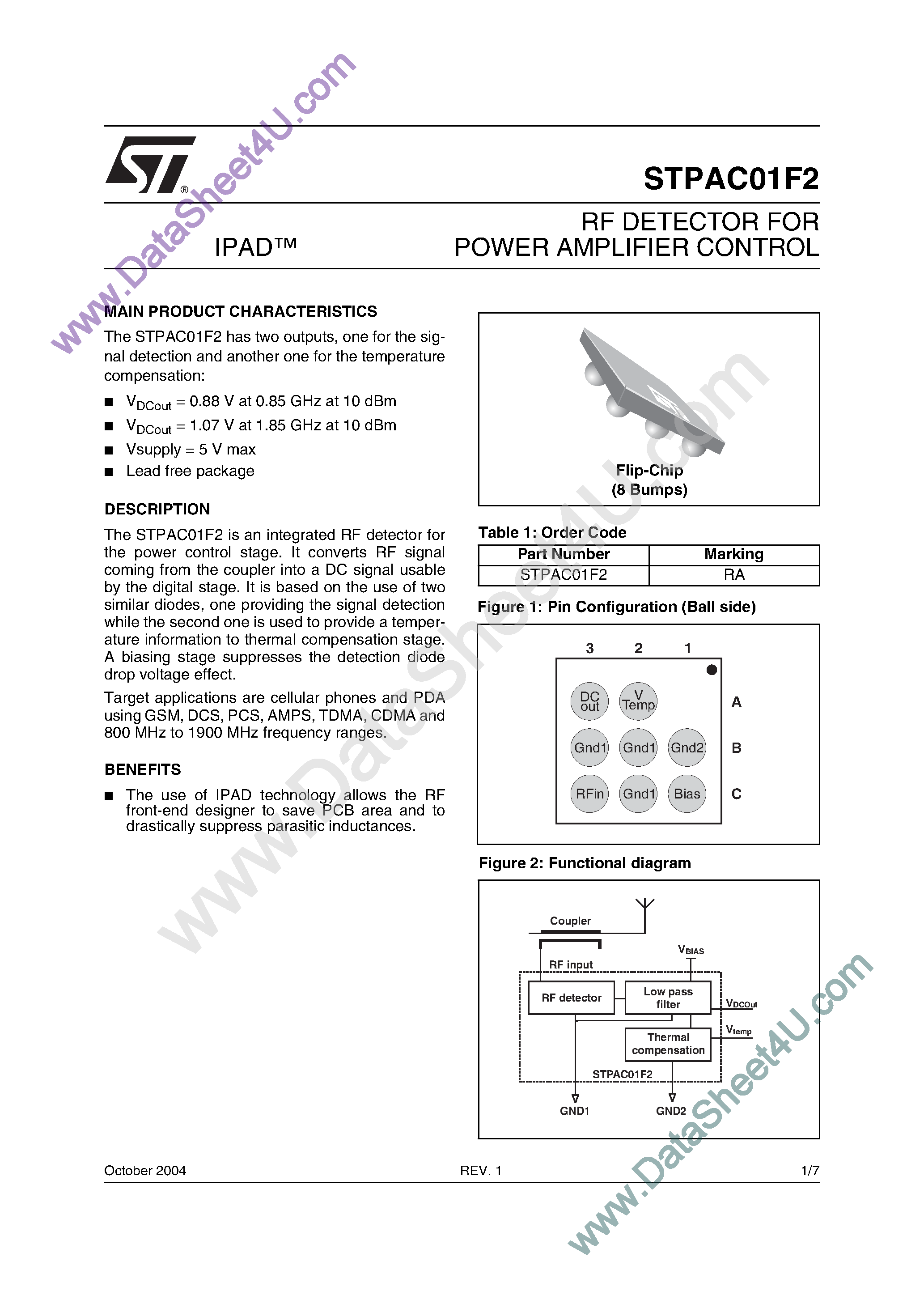 Datasheet STPAC01F2 page 1 Datasheet STPAC01F2 - RF Detector page 1